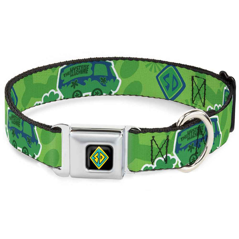 Buckle-Down Scooby Doo Dog Tag Full Color Seatbelt Buckle Dog Collar - Scooby Doo Mystery Machine/Dog Tag Collage Greens/Blues