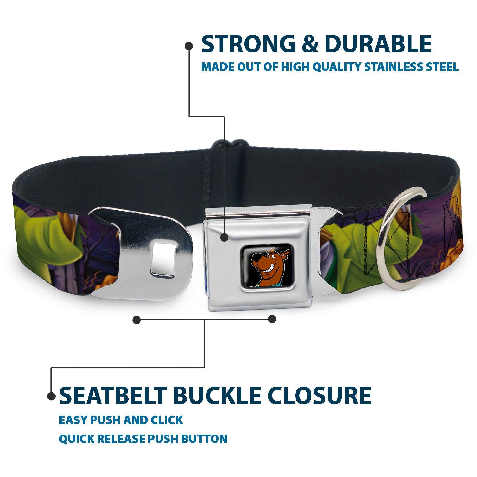 Buckle-Down Scooby Doo Face Full Color Black Seatbelt Buckle Dog Collar - Scooby & Shaggy Hugging w/Werewolf Man Purple