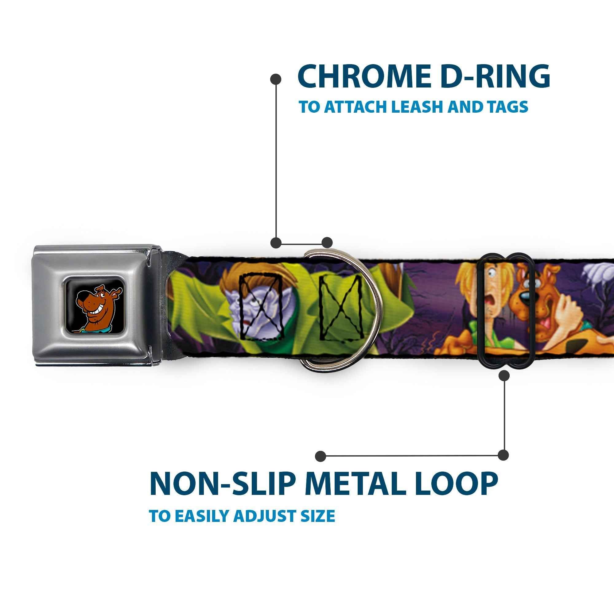 Buckle-Down Scooby Doo Face Full Color Black Seatbelt Buckle Dog Collar - Scooby & Shaggy Hugging w/Werewolf Man Purple