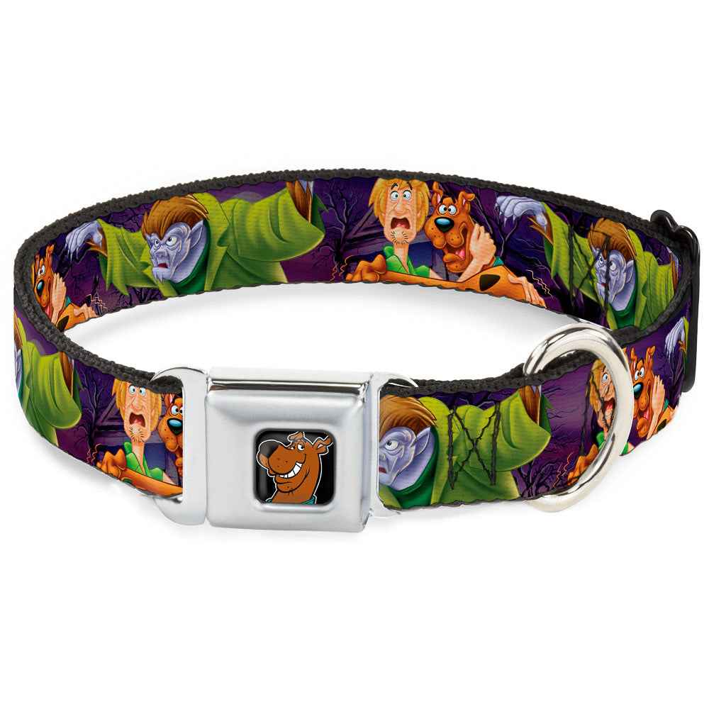 Buckle-Down Scooby Doo Face Full Color Black Seatbelt Buckle Dog Collar - Scooby & Shaggy Hugging w/Werewolf Man Purple