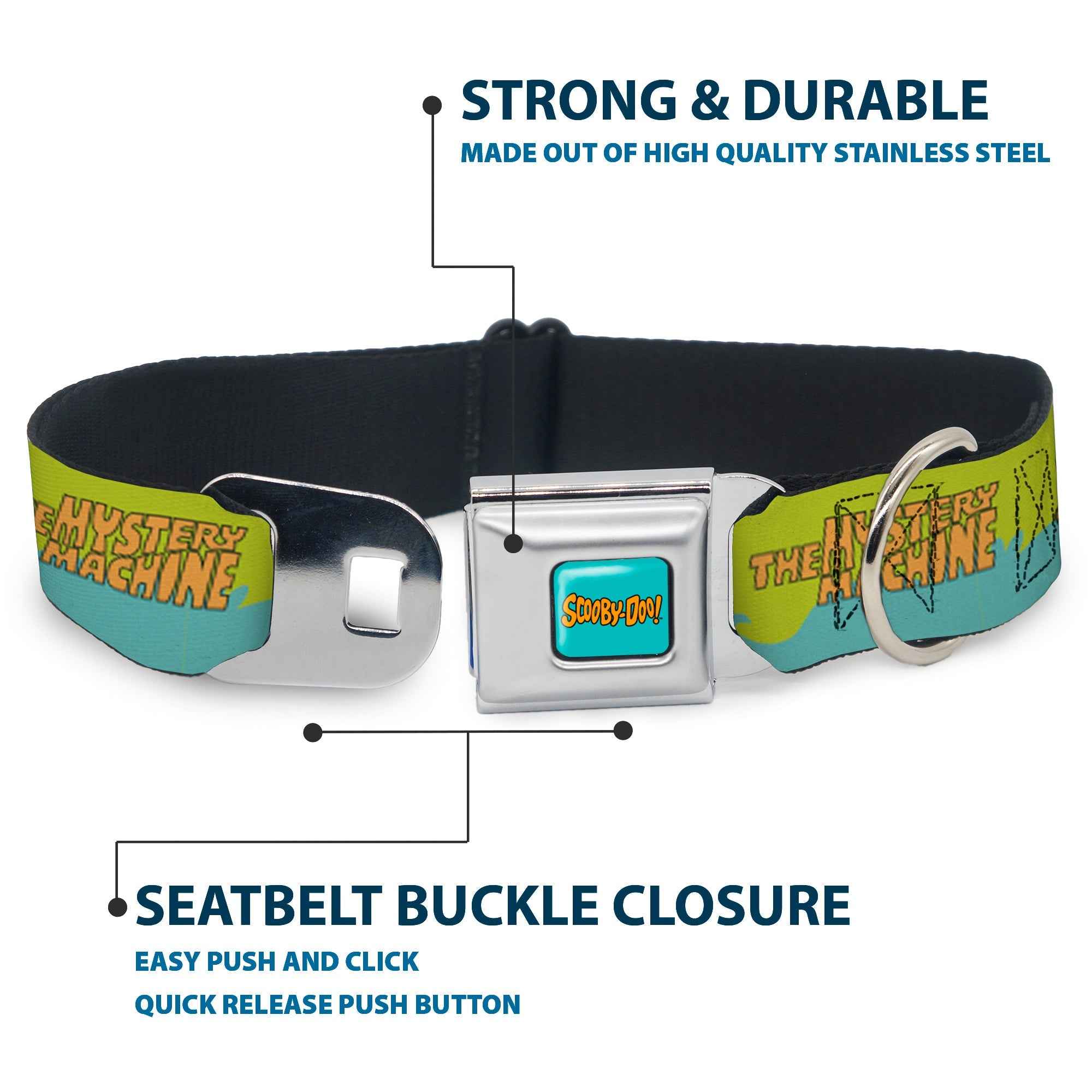 Buckle-Down Scooby Doo! Text Logo Full Color Aqua/Orange Seatbelt Buckle Dog Collar - Scooby Doo The Mystery Machine Paint Job Green/Aqua/Orange