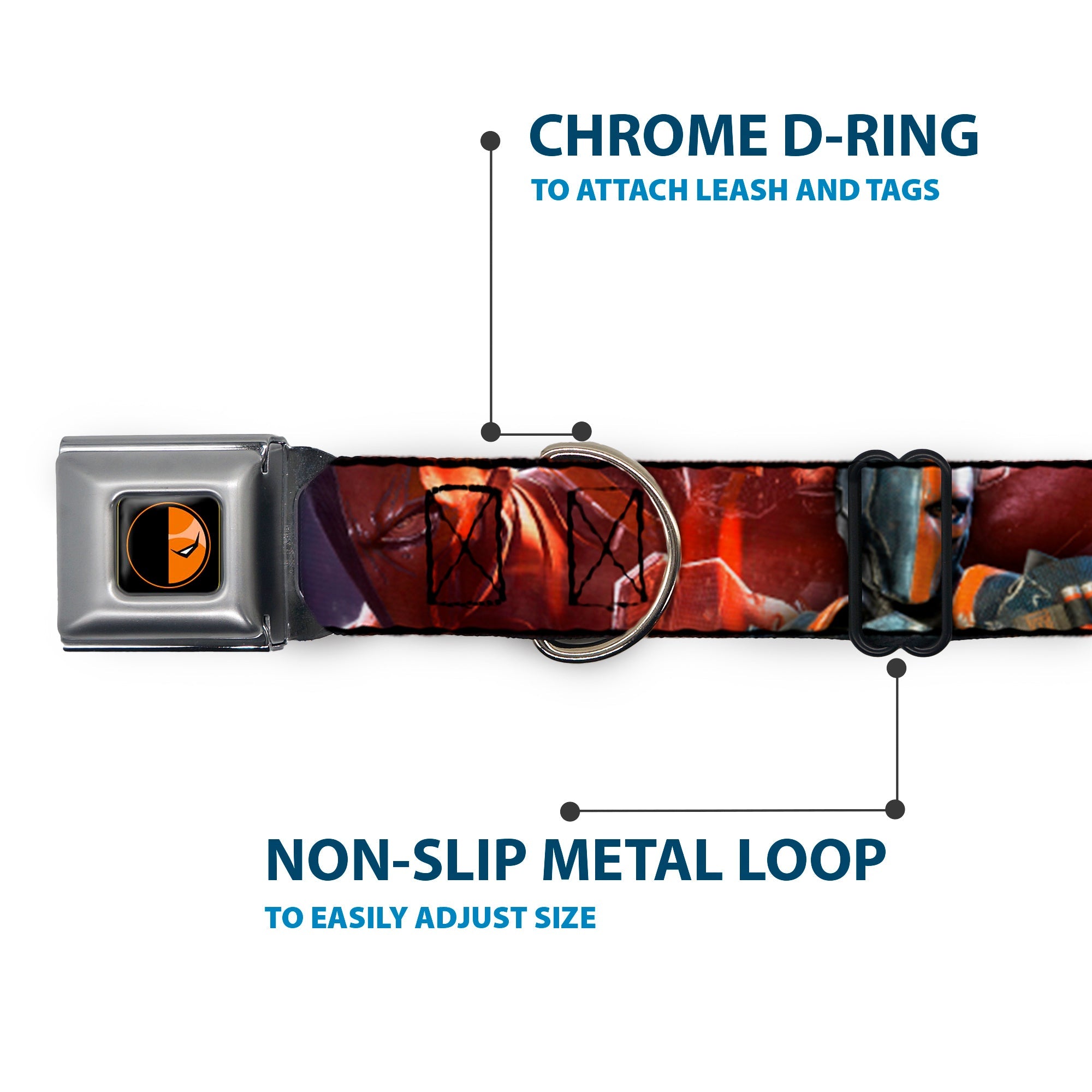 Deadstroke Logo Black/Orange-Red/White Seatbelt Buckle Collar - DEATHSTROKE Pose/BATMAN ARKHAM ORIGINS Logo