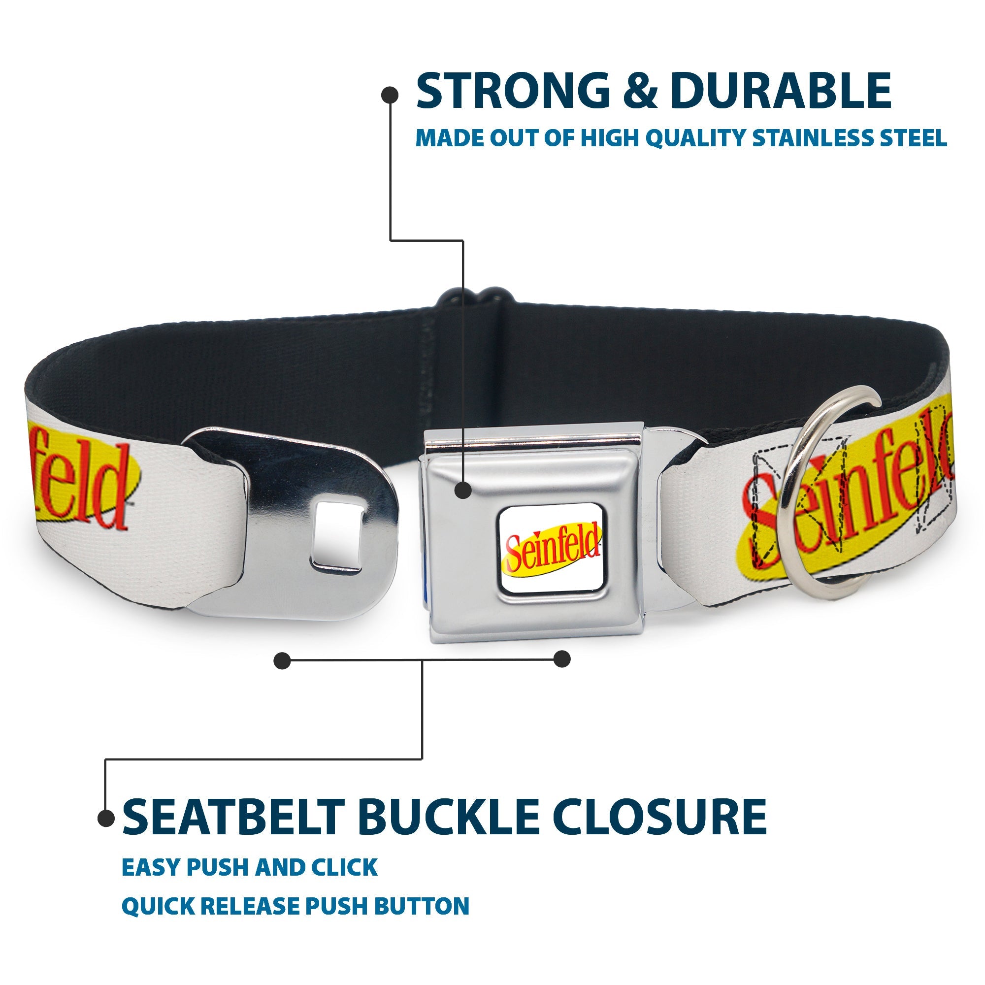 Buckle-Down Seinfeld Spotlight Logo Full Color White/Yellow/Red Seatbelt Buckle Dog Collar - Seinfeld Spotlight Logo White/Yellow/Red