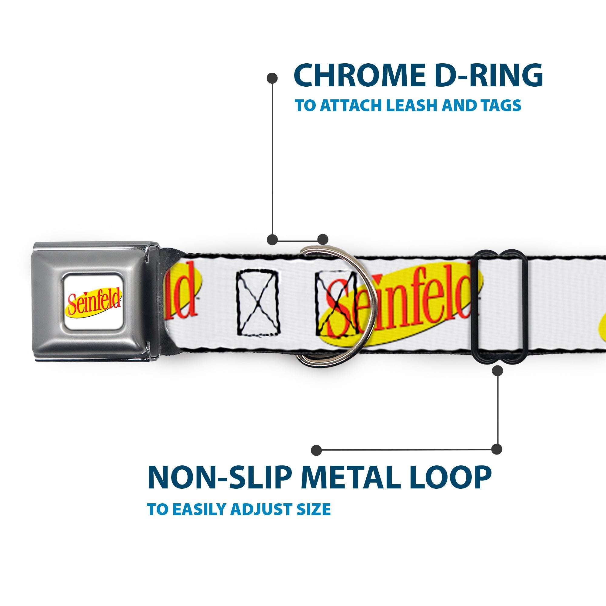 Buckle-Down Seinfeld Spotlight Logo Full Color White/Yellow/Red Seatbelt Buckle Dog Collar - Seinfeld Spotlight Logo White/Yellow/Red