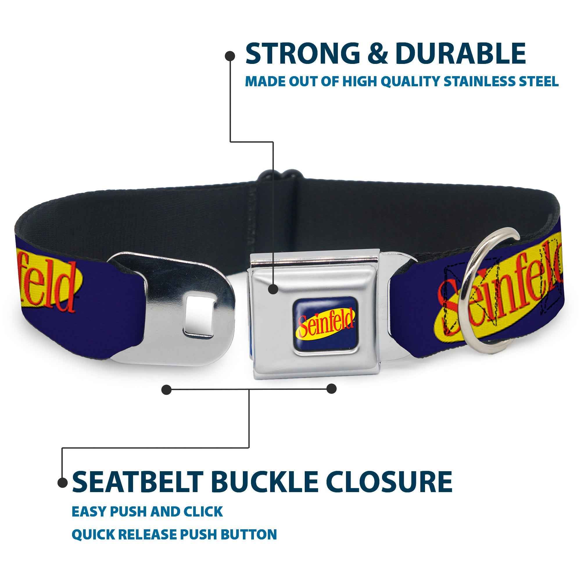 Buckle-Down Seinfeld Spotlight Logo Full Color Navy/Yellow/Red Seatbelt Buckle Dog Collar - Seinfeld Spotlight Logo Navy/Yellow/Red