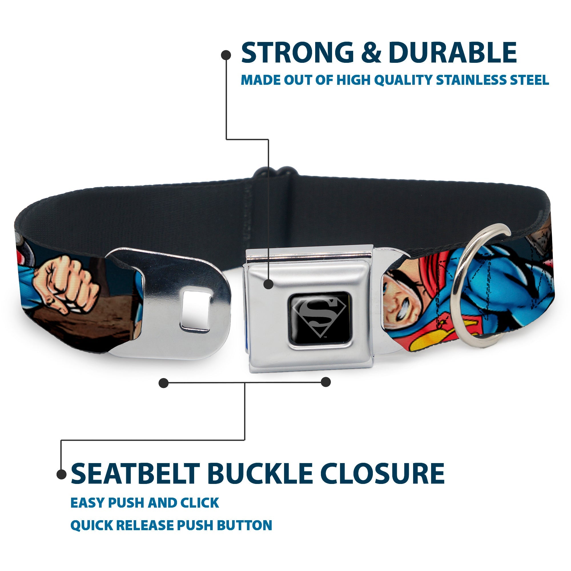 Superman Black/Silver Seatbelt Buckle Collar - Superman Metropolis Face-Off
