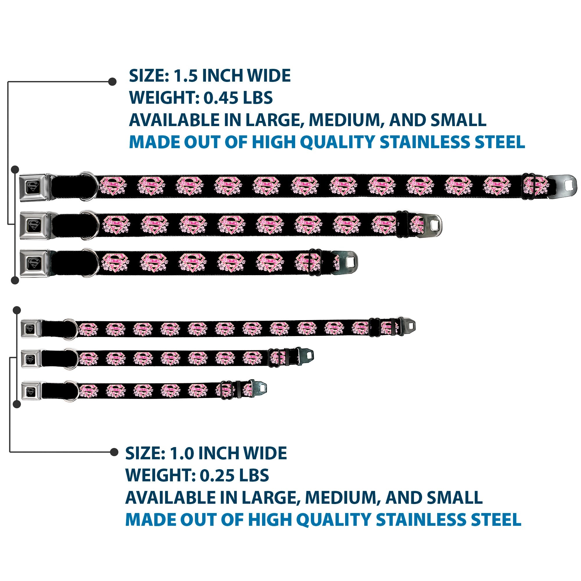Superman Black Silver Seatbelt Buckle Collar - Super Shield Hibiscus Design Black/Pink