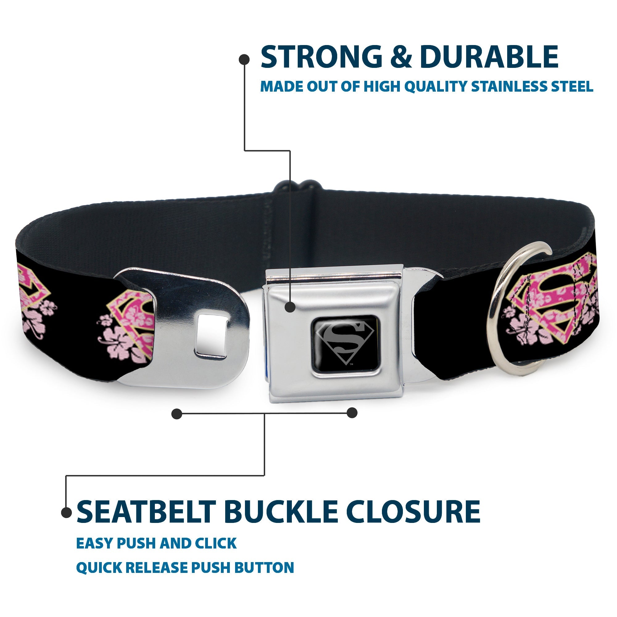 Superman Black Silver Seatbelt Buckle Collar - Super Shield Hibiscus Design Black/Pink
