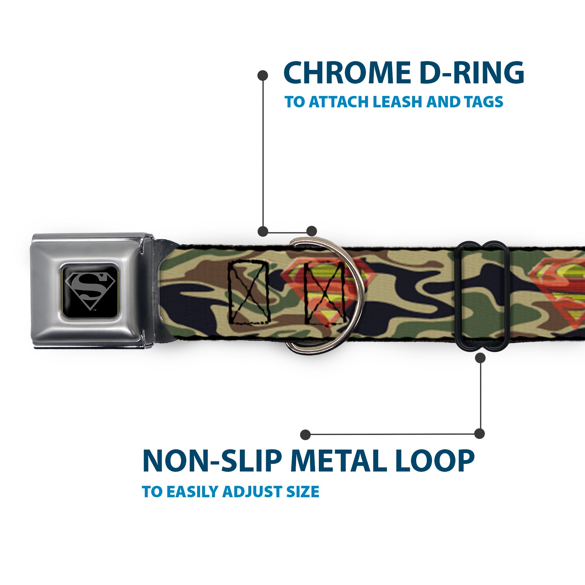 Superman Black Silver Seatbelt Buckle Collar - Superman Shield Camo Olive