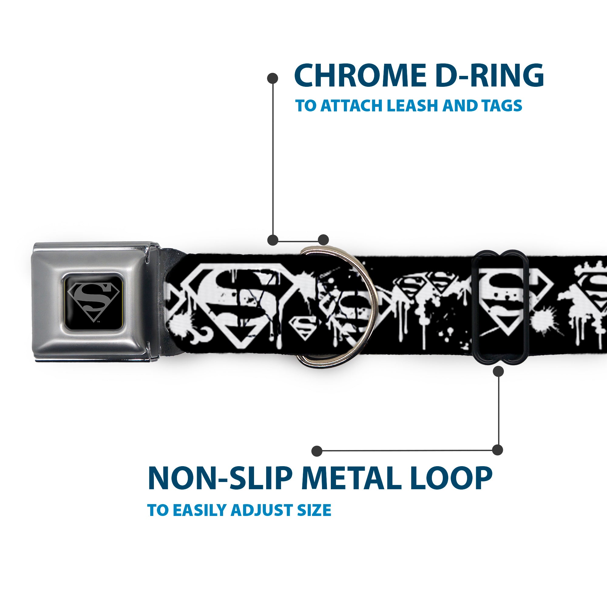 Superman Black Silver Seatbelt Buckle Collar - Superman Shield Splatter Black/White