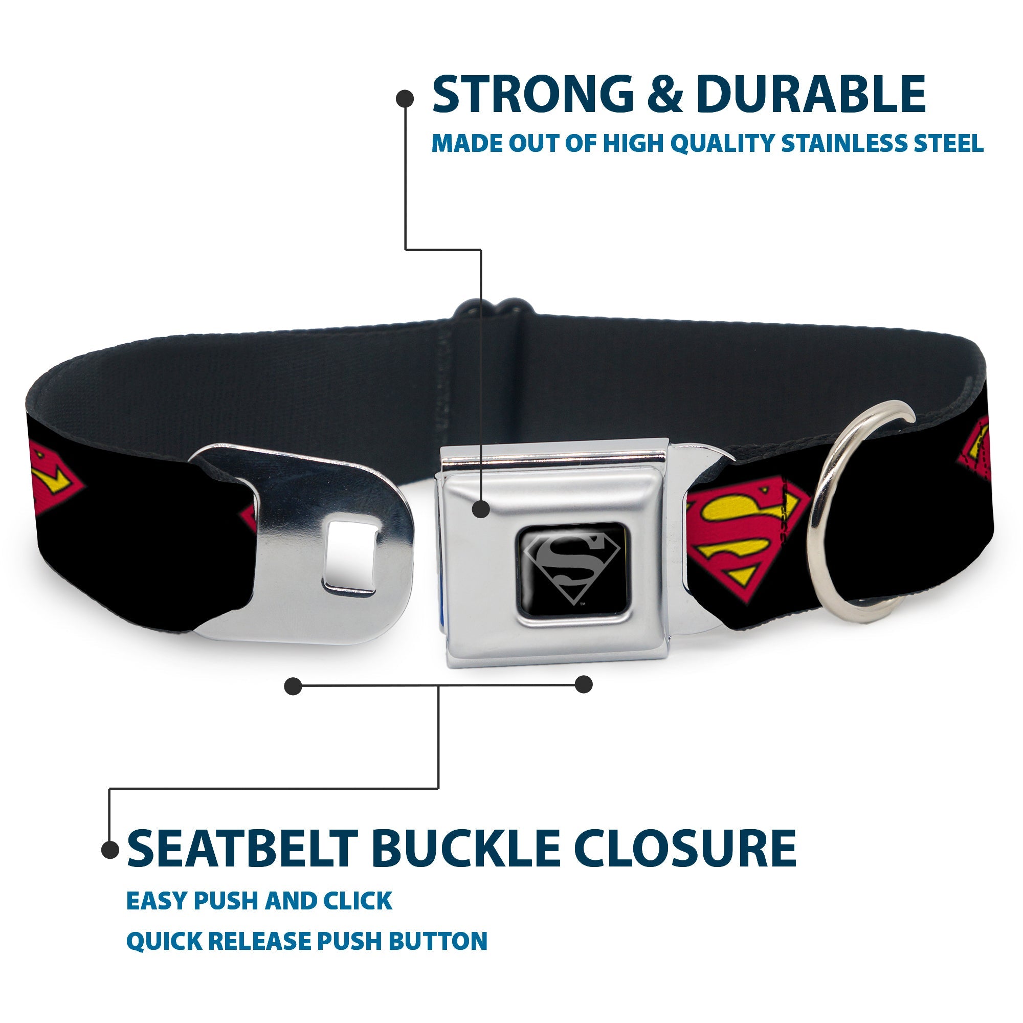 Superman Black Silver Seatbelt Buckle Collar - Superman Shield Black
