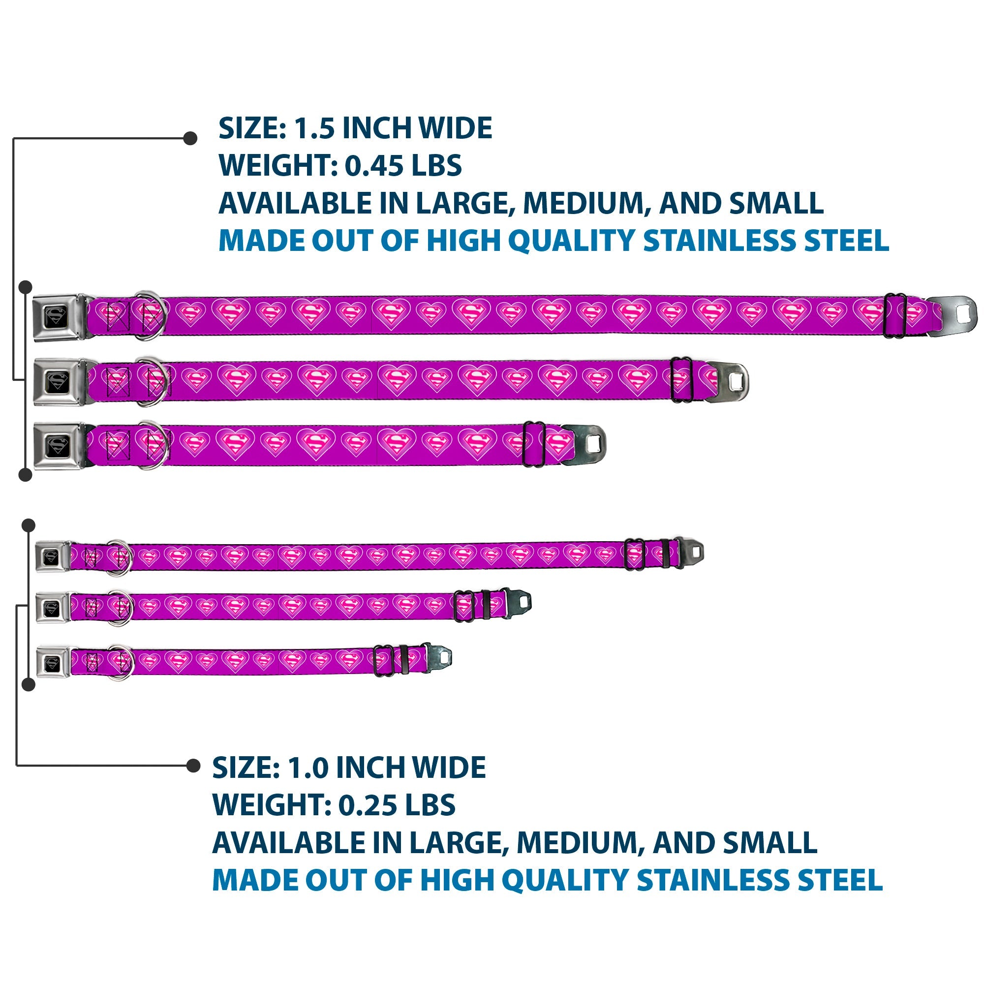 Superman Black Silver Seatbelt Buckle Collar - Superman Logo in Heart Purple/White/Pink