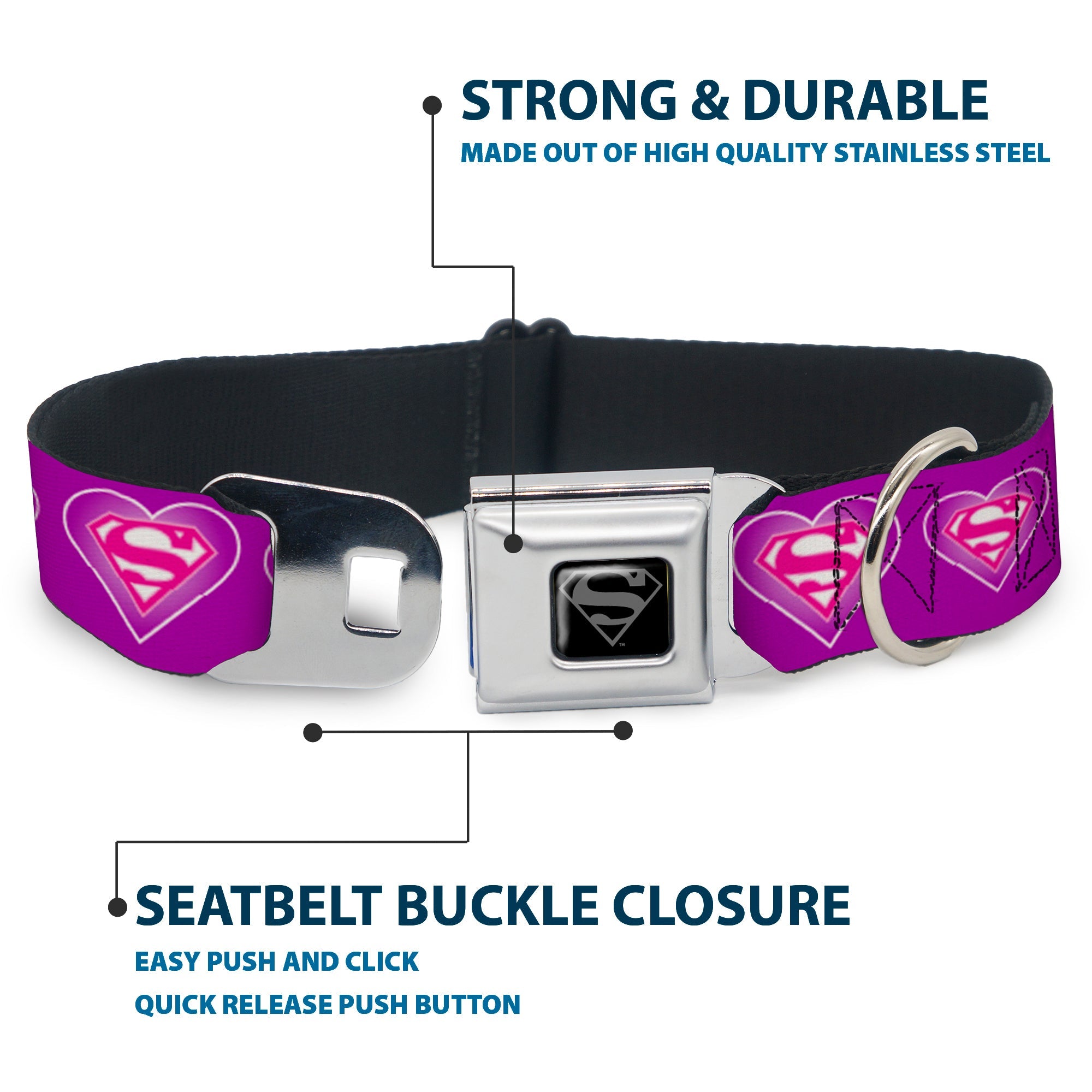 Superman Black Silver Seatbelt Buckle Collar - Superman Logo in Heart Purple/White/Pink
