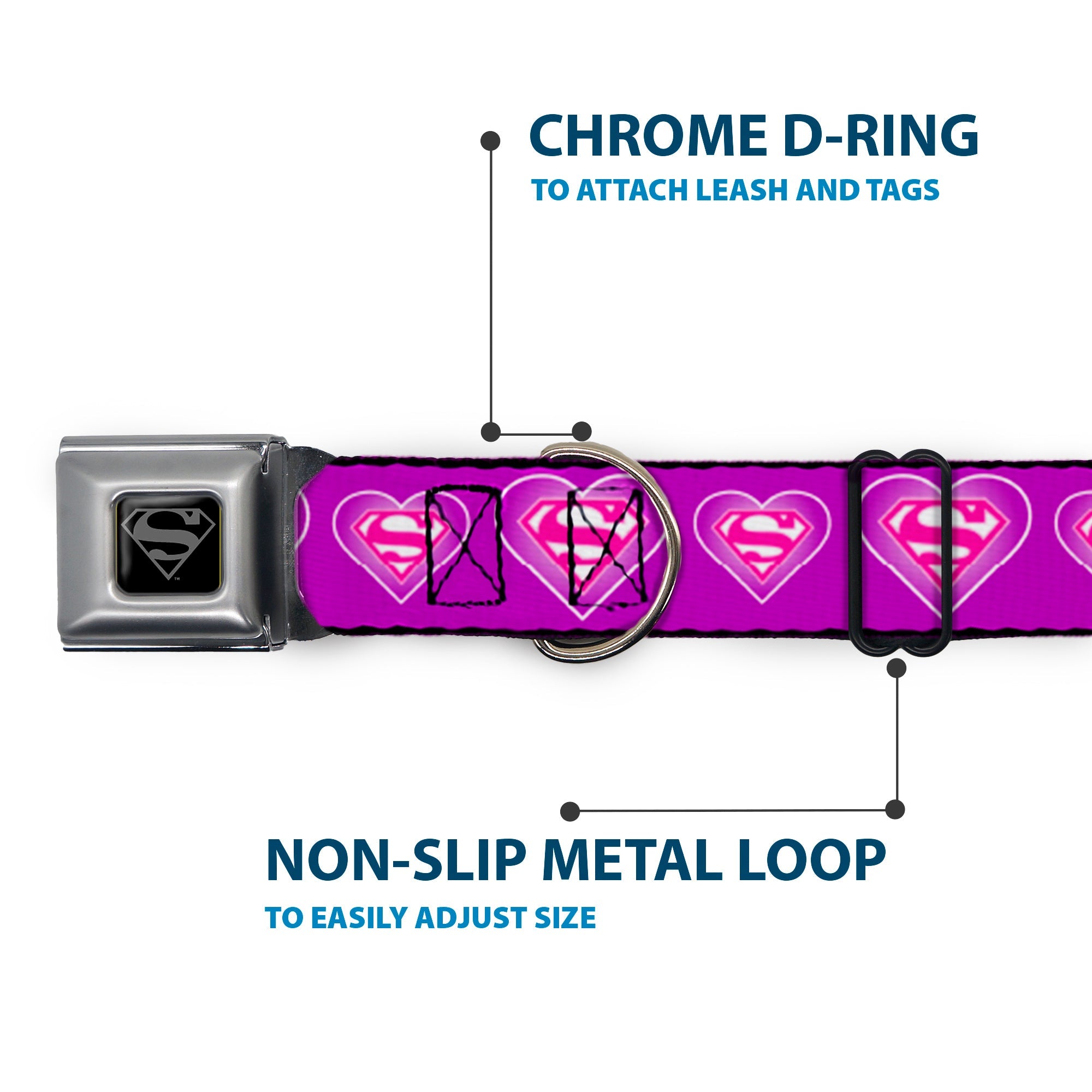 Superman Black Silver Seatbelt Buckle Collar - Superman Logo in Heart Purple/White/Pink
