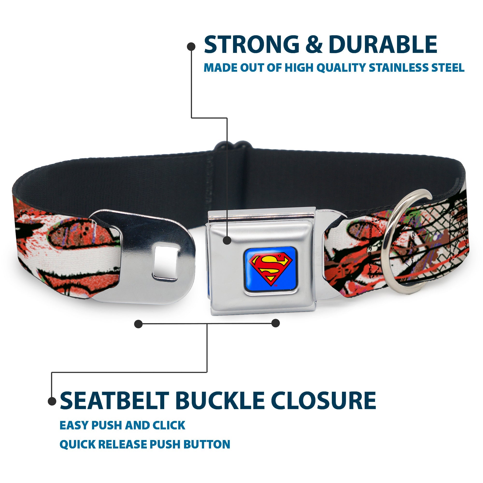 Superman Full Color Blue Seatbelt Buckle Collar - Superman Color Flying Bricks Scene