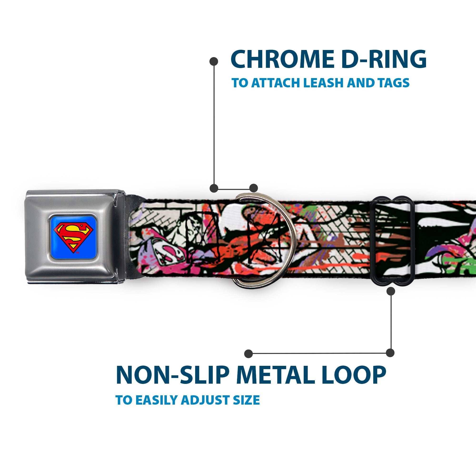 Superman Full Color Blue Seatbelt Buckle Collar - Superman Color Flying Bricks Scene