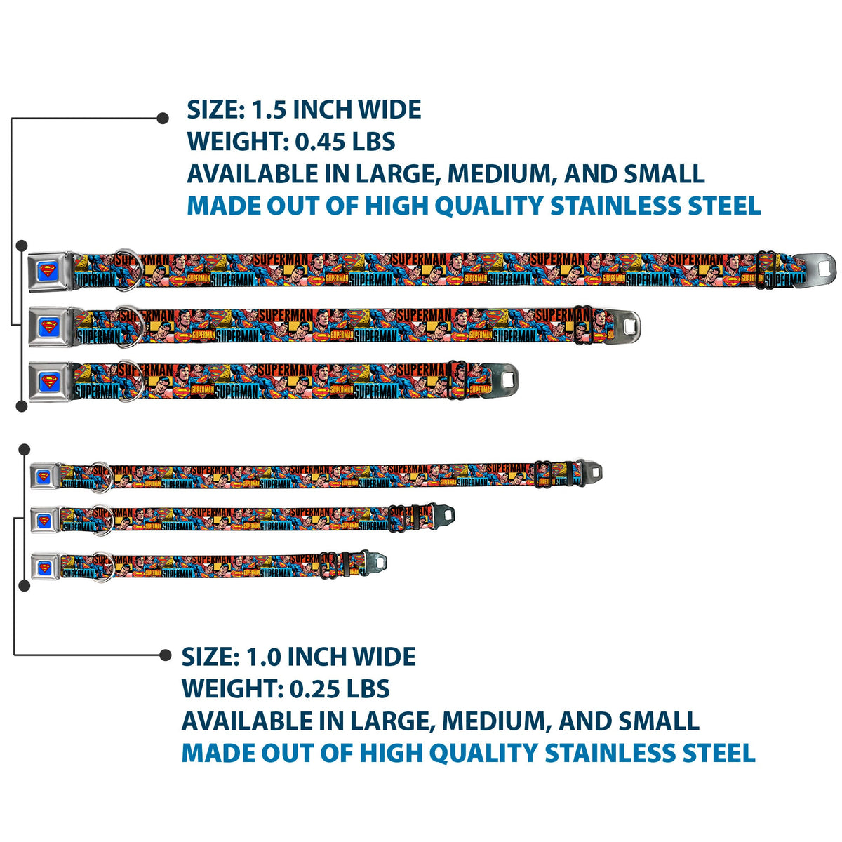 Superman Full Color Blue Seatbelt Buckle Collar - SUPERMAN Action Blocks Red/Blue