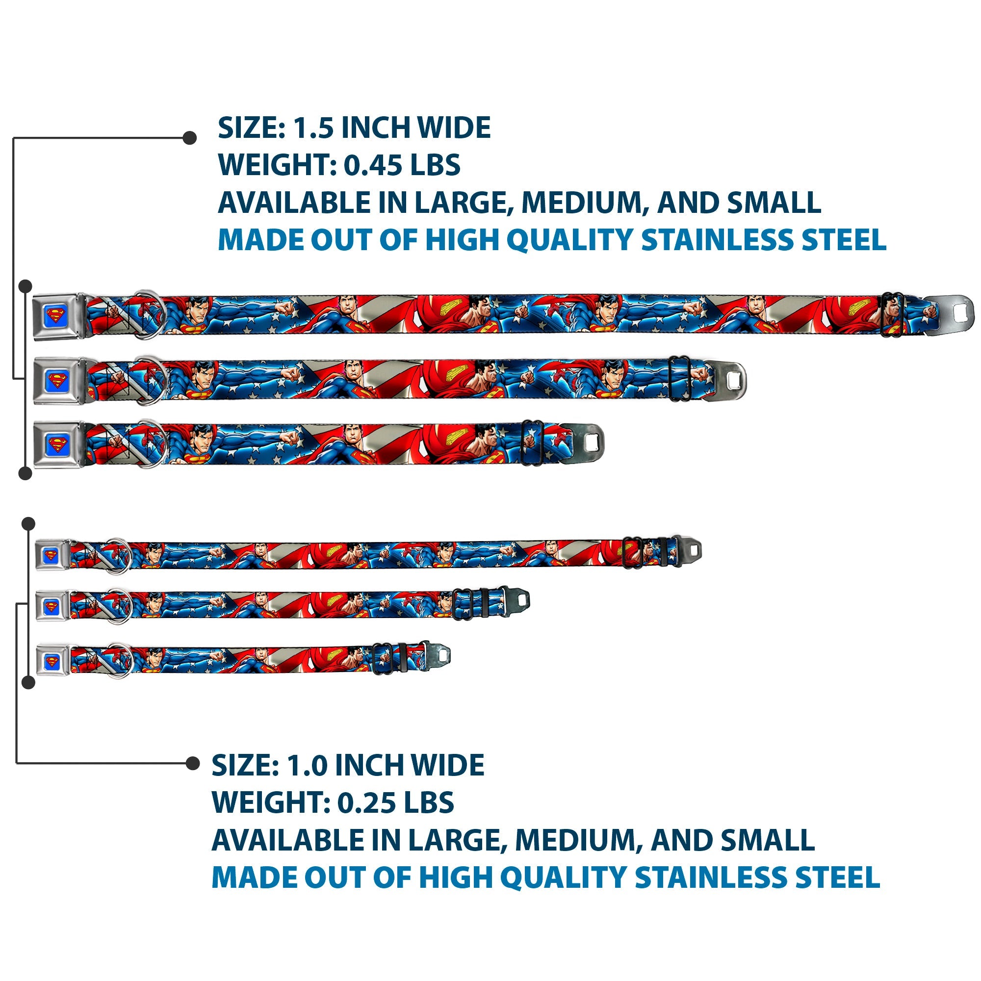 Superman Full Color Blue Seatbelt Buckle Collar - Superman Action Poses/Stars & Stripes