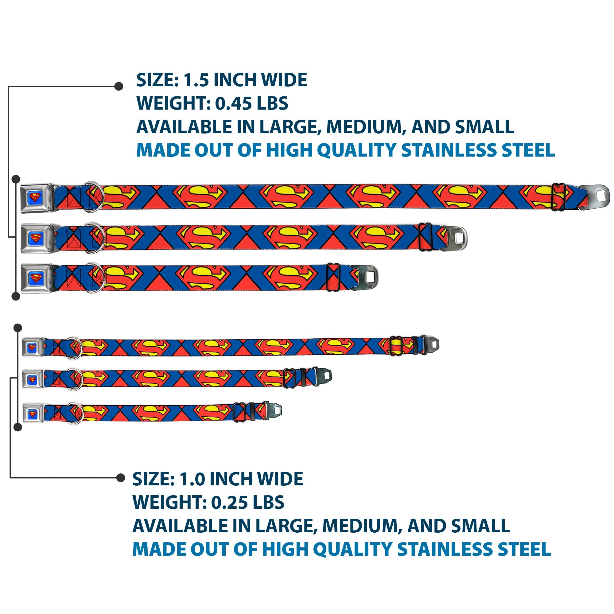 Superman Blue Seatbelt Buckle Collar - Superman Shield CLOSE-UP Blue/Red/Yellow