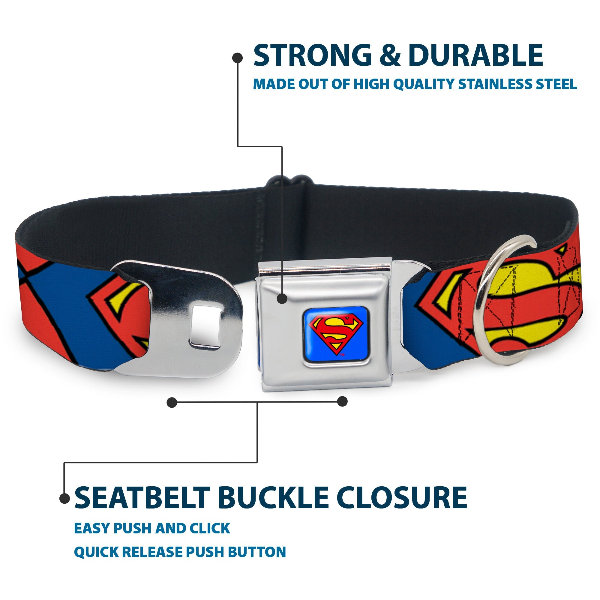 Superman Blue Seatbelt Buckle Collar - Superman Shield CLOSE-UP Blue/Red/Yellow