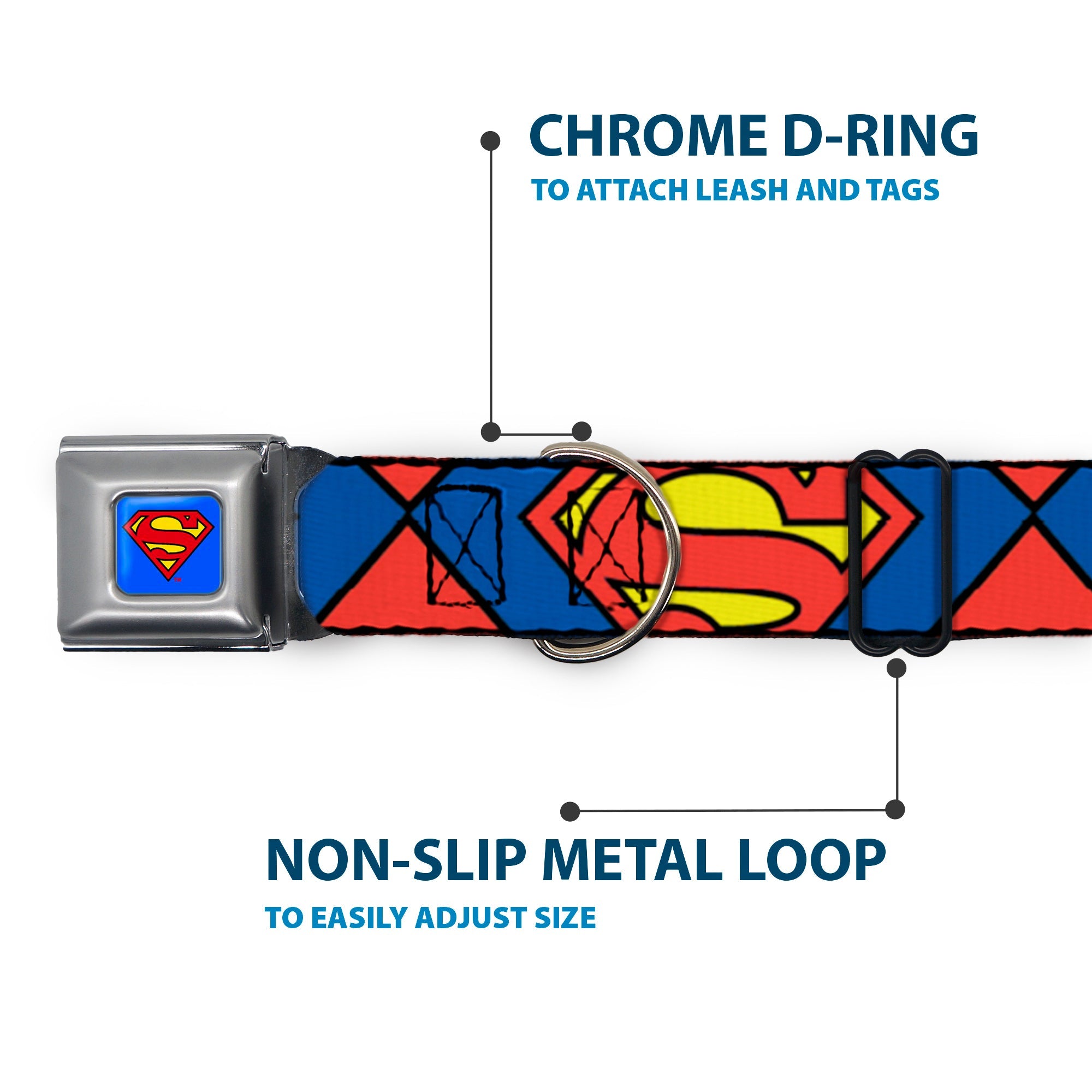 Superman Blue Seatbelt Buckle Collar - Superman Shield CLOSE-UP Blue/Red/Yellow