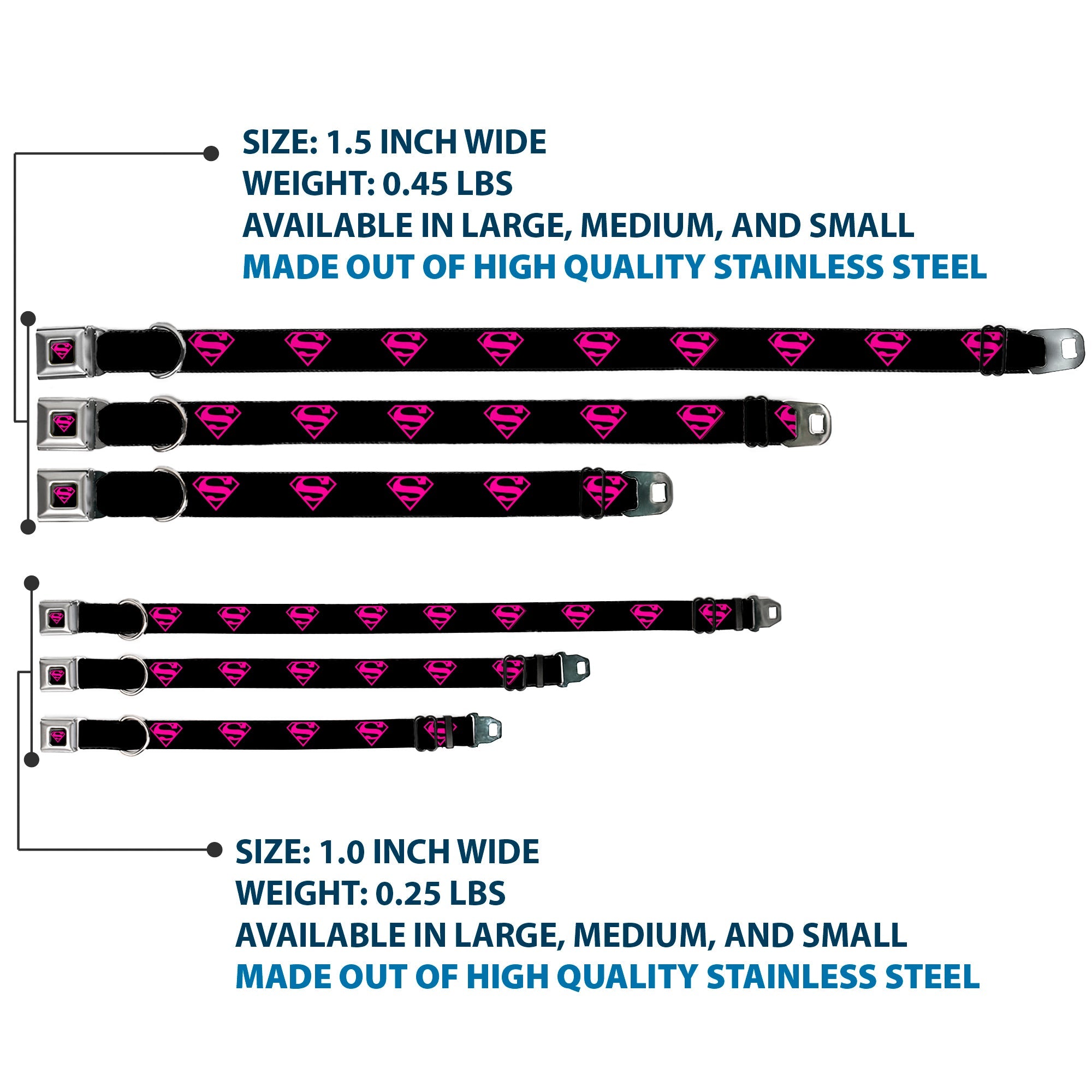 Superman Black/Hot Pink Seatbelt Buckle Collar - Superman Shield Black/Hot Pink