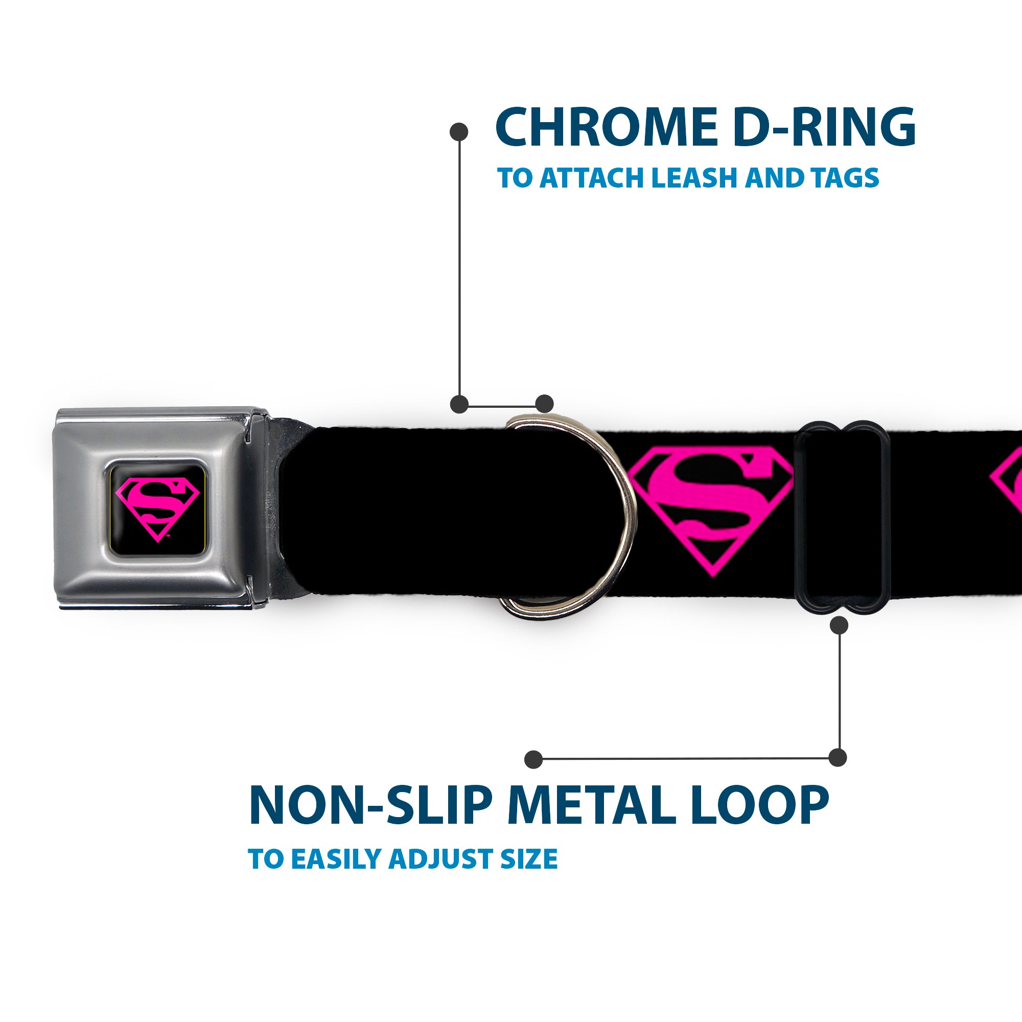 Superman Black/Hot Pink Seatbelt Buckle Collar - Superman Shield Black/Hot Pink