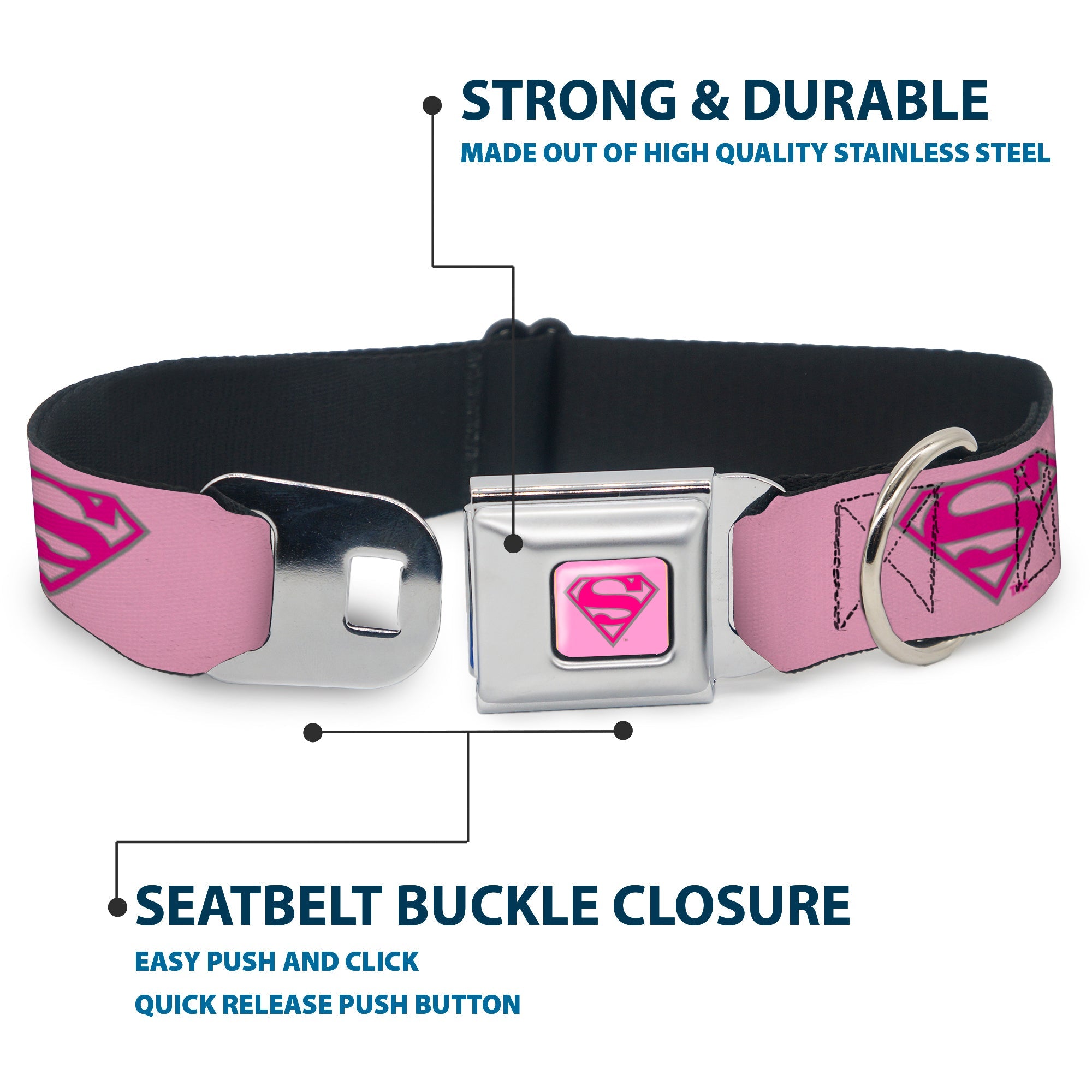 Superman Full Color Pink Seatbelt Buckle Collar - Superman Shield Pink
