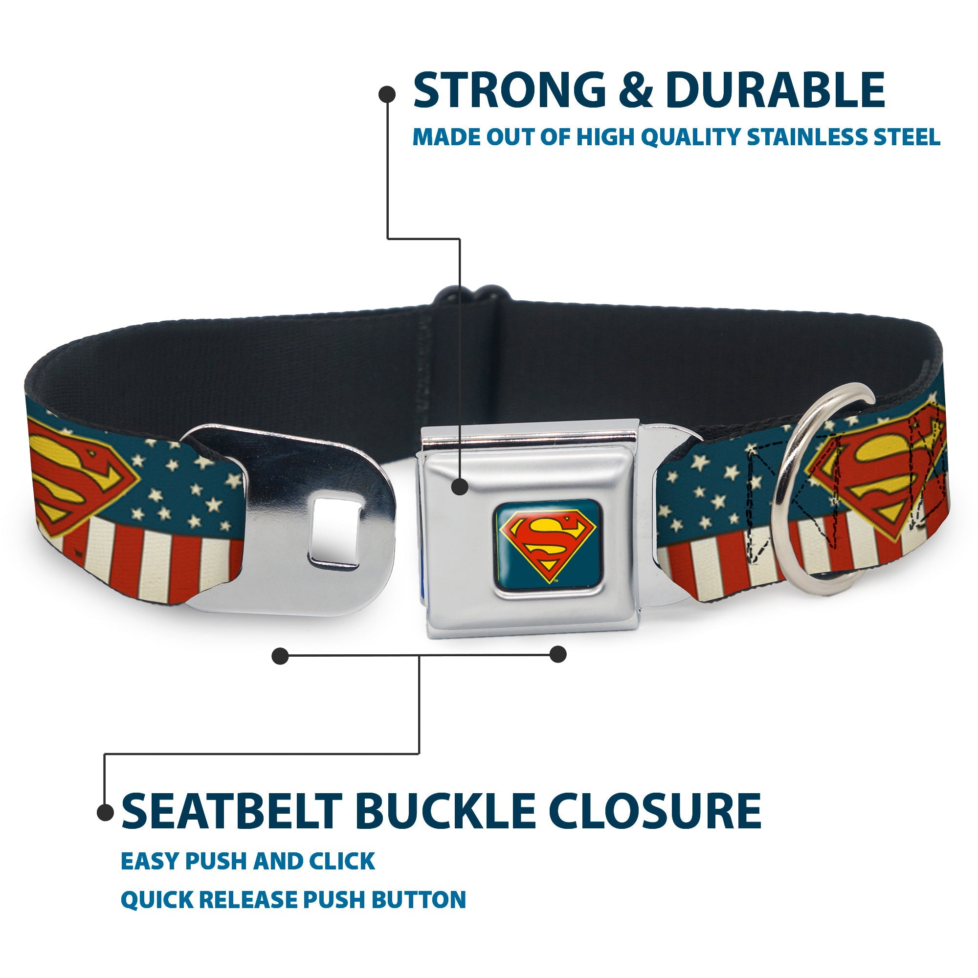 Superman Shield Full Color Americana Blue Seatbelt Buckle Collar - Superman Shield Americana Red/White/Blue/Yellow
