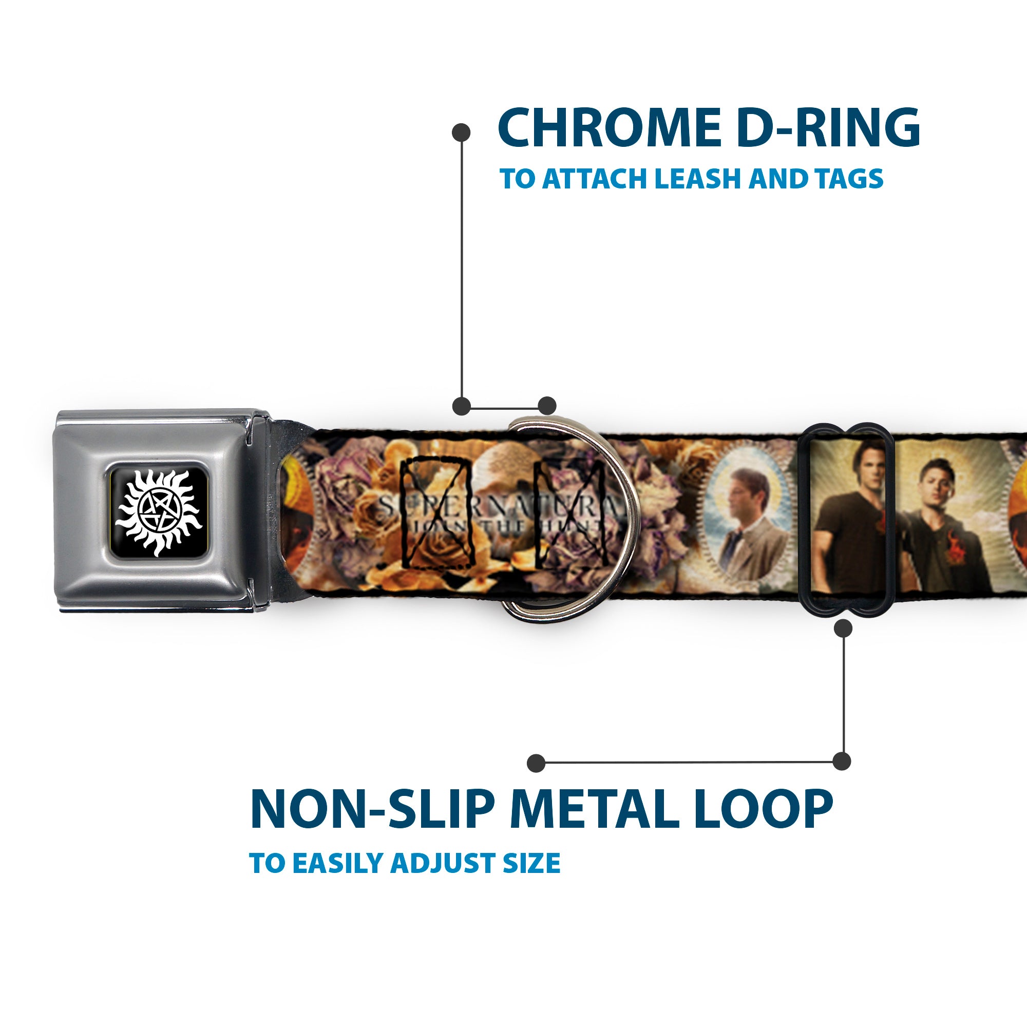 Buckle-Down Winchester Logo Full Color Black/White Seatbelt Buckle Dog Collar - Supernatural 4-Character Saintly Icons/Skull & Roses