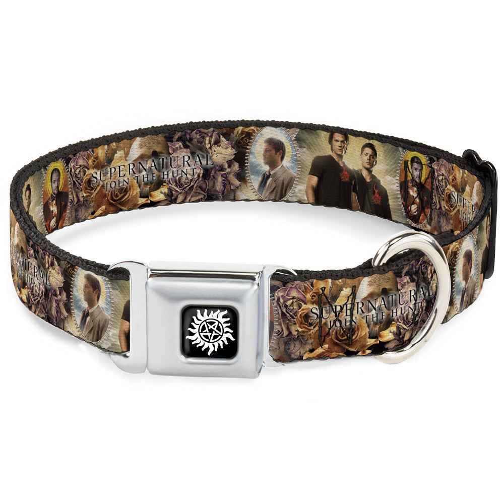 Buckle-Down Winchester Logo Full Color Black/White Seatbelt Buckle Dog Collar - Supernatural 4-Character Saintly Icons/Skull & Roses