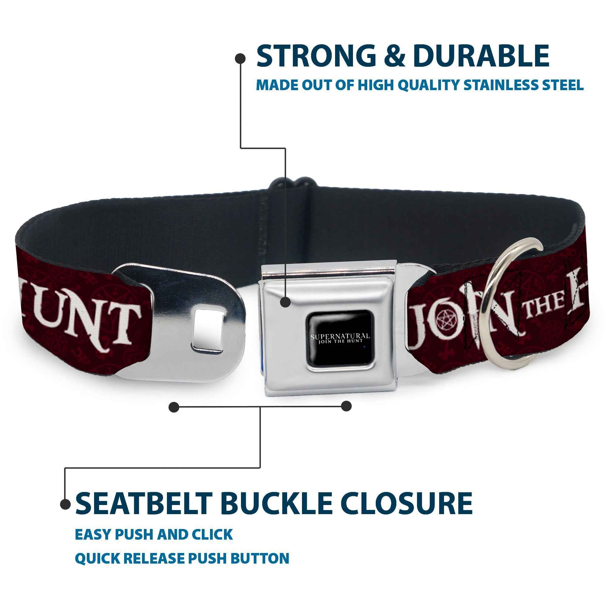 Buckle-Down Supernatural-Join The Hunt Full Color Black/White Seatbelt Buckle Dog Collar - Supernatural Join The Hunt/Symbols Scattered Reds/White
