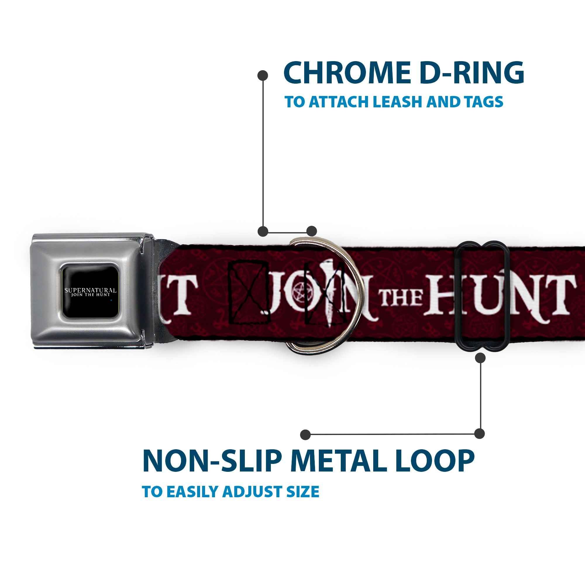 Buckle-Down Supernatural-Join The Hunt Full Color Black/White Seatbelt Buckle Dog Collar - Supernatural Join The Hunt/Symbols Scattered Reds/White