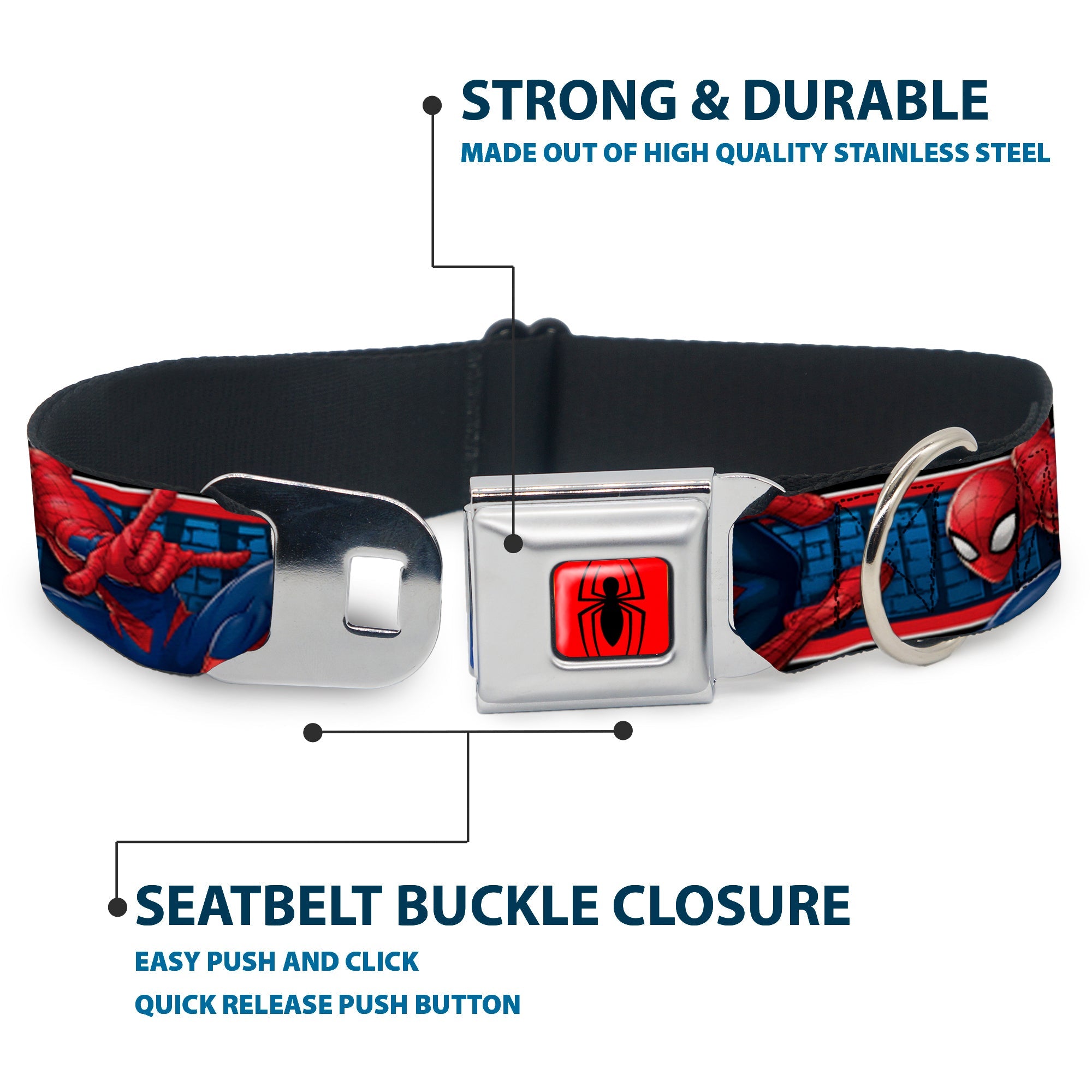 2016 SPIDER-MAN Spider Logo5 Full Color Red Black Seatbelt Buckle Collar - SPIDER-MAN 3-Action Poses/Bricks/Stripe Blues/Red/White
