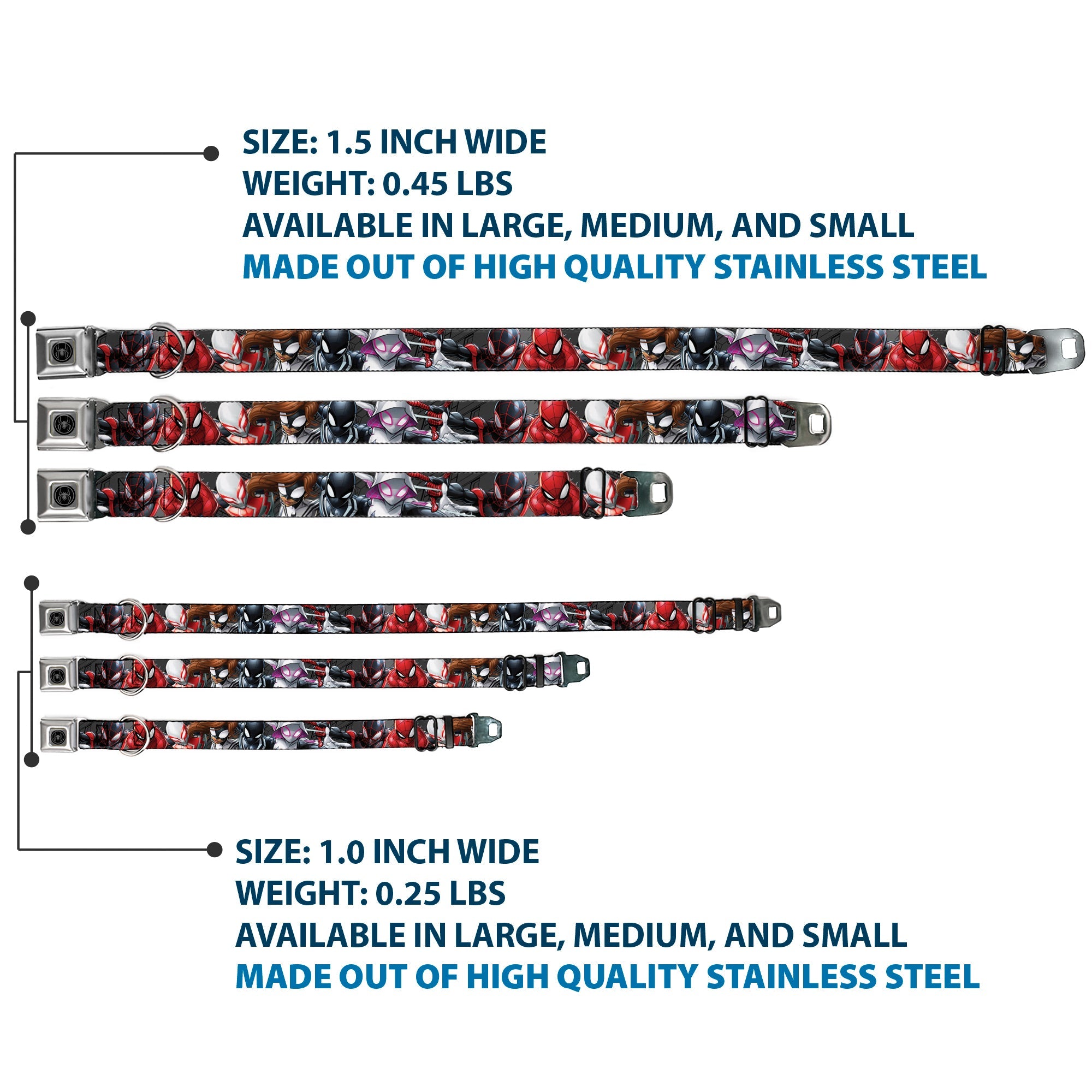 Spider Icon Silver/Black Seatbelt Buckle Collar - 6-Spider Hero Action Poses Grays
