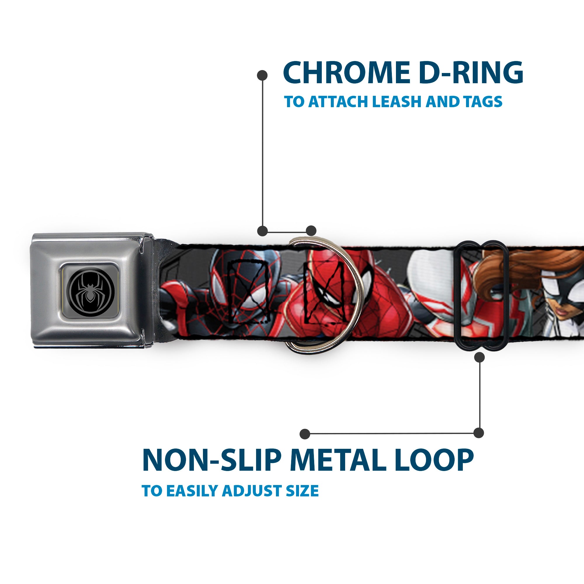 Spider Icon Silver/Black Seatbelt Buckle Collar - 6-Spider Hero Action Poses Grays