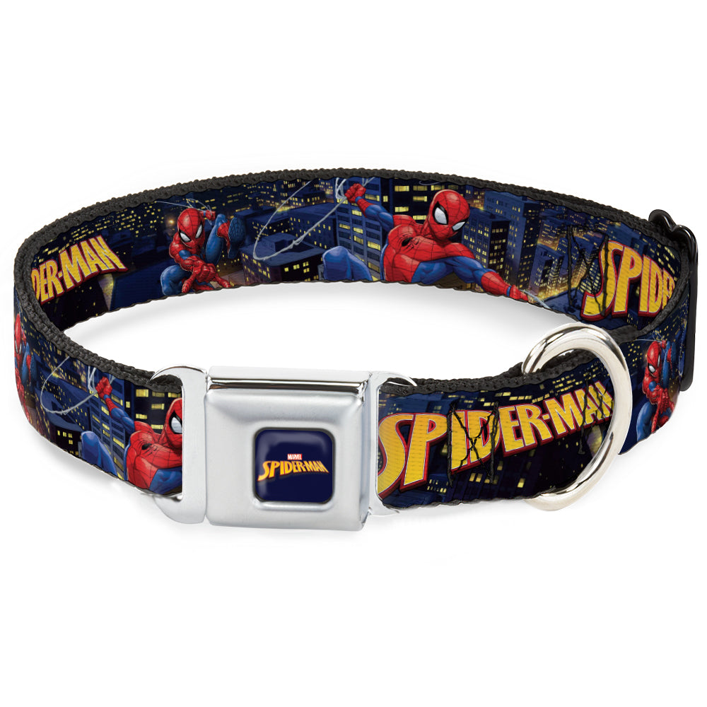 MARVEL SPIDER-MAN Title Logo Full Color Dark Blue Seatbelt Buckle Collar - SPIDER-MAN Title Logo and Action Skyline Poses