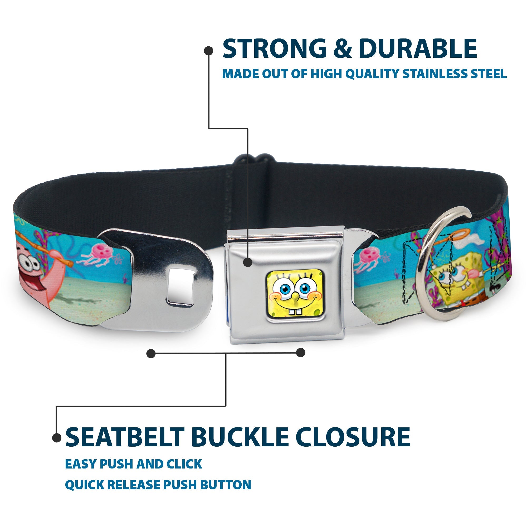 Sponge Bob 3-D Face CLOSE-UP Full Color Seatbelt Buckle Collar - SpongeBob & Patrick Starfish Jellyfishing Scenes