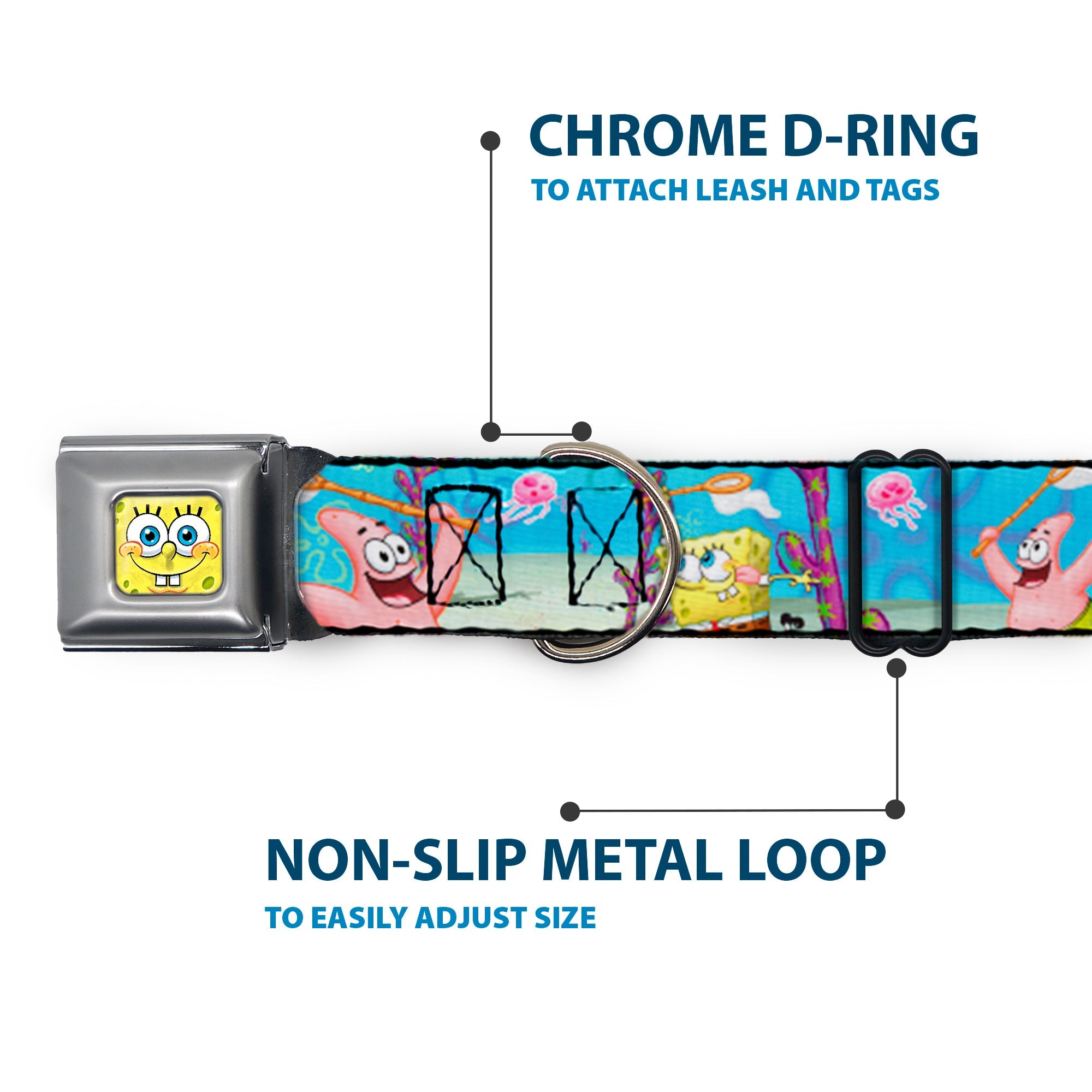 Sponge Bob 3-D Face CLOSE-UP Full Color Seatbelt Buckle Collar - SpongeBob & Patrick Starfish Jellyfishing Scenes