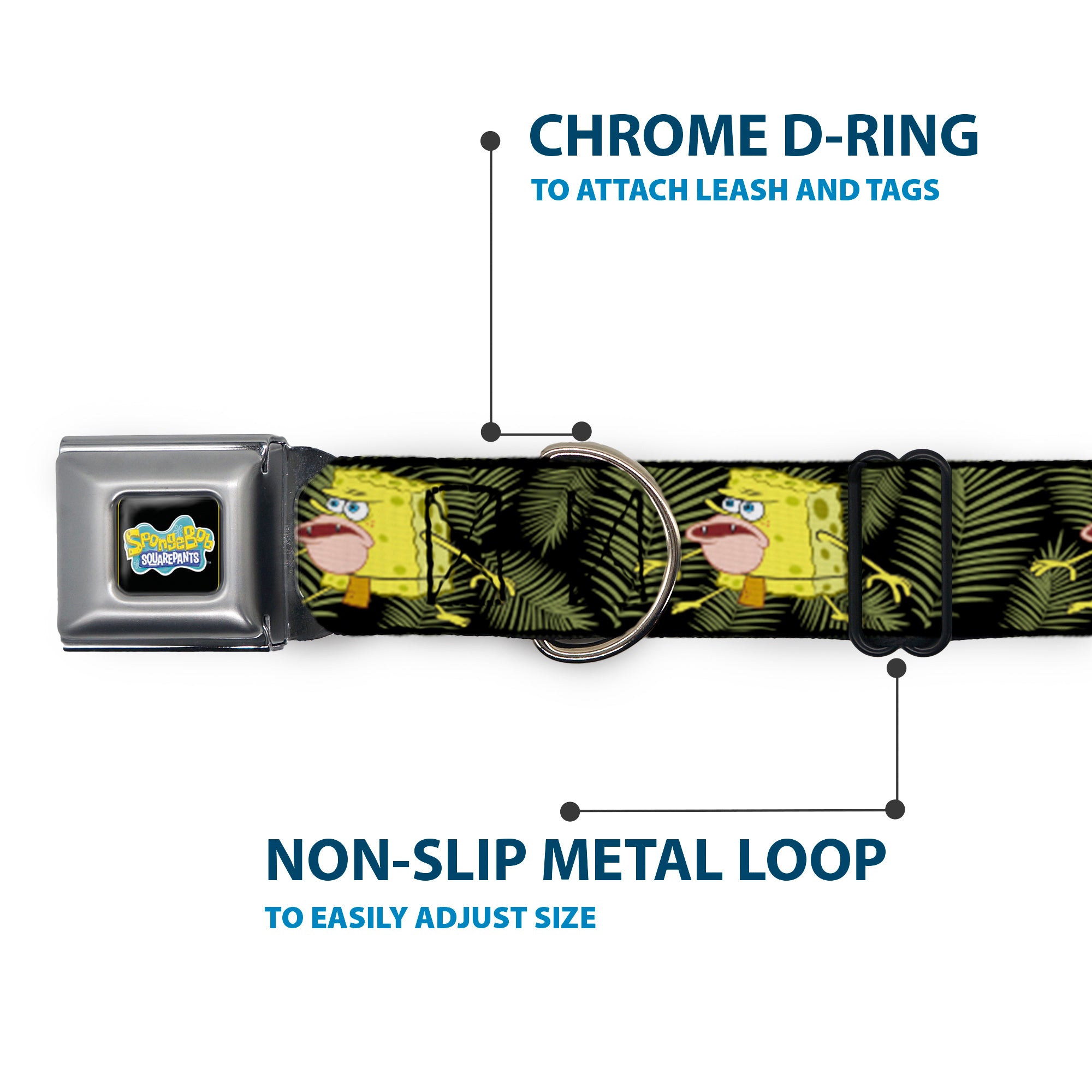 SpongeBob SquarePants Logo2 Full Color Black Seatbelt Buckle Collar - Primitive Sponge Pose/Leaves Black/Green