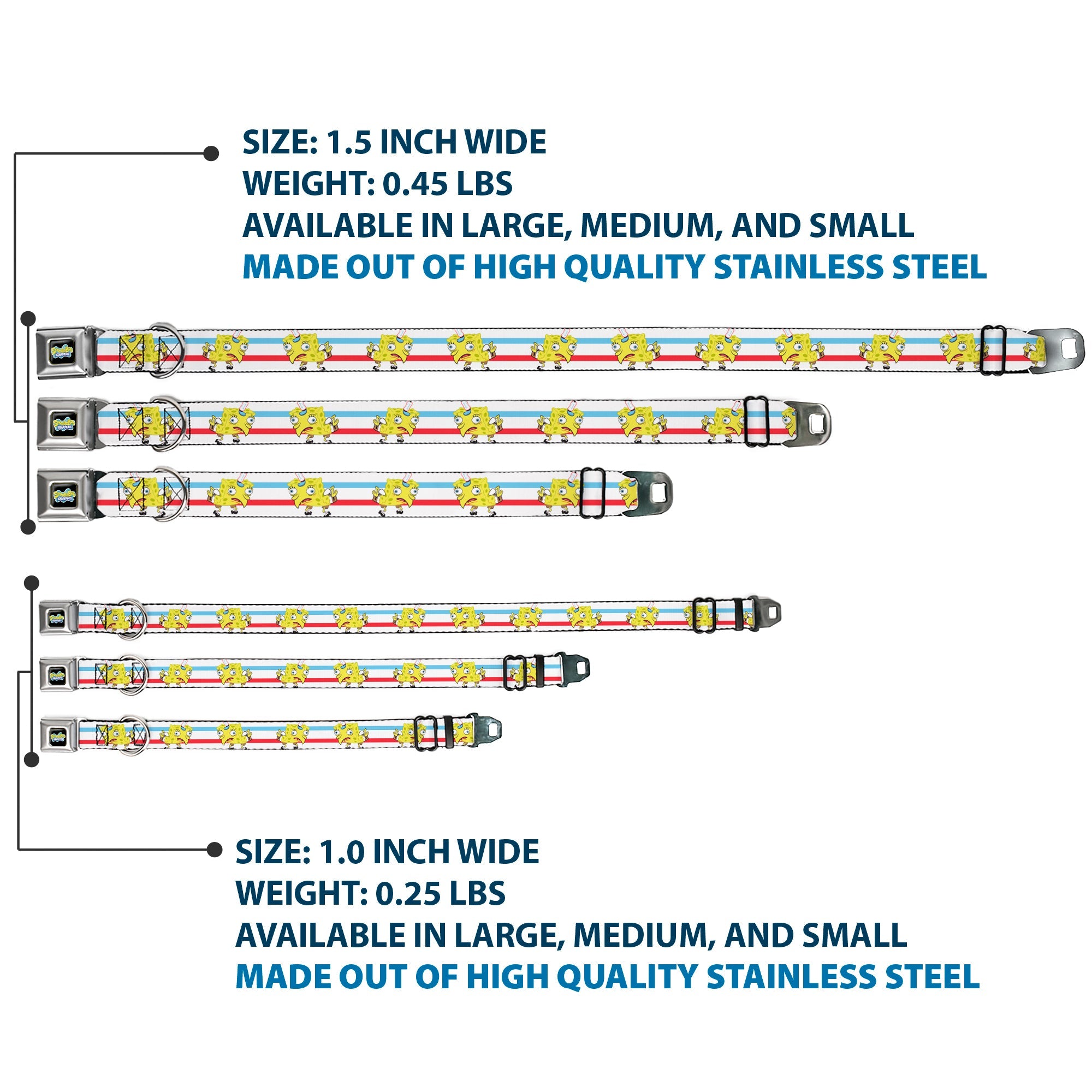 SpongeBob SquarePants Logo2 Full Color Black Seatbelt Buckle Collar - Mocking SpongeBob Pose Stripe White/Blue/Red