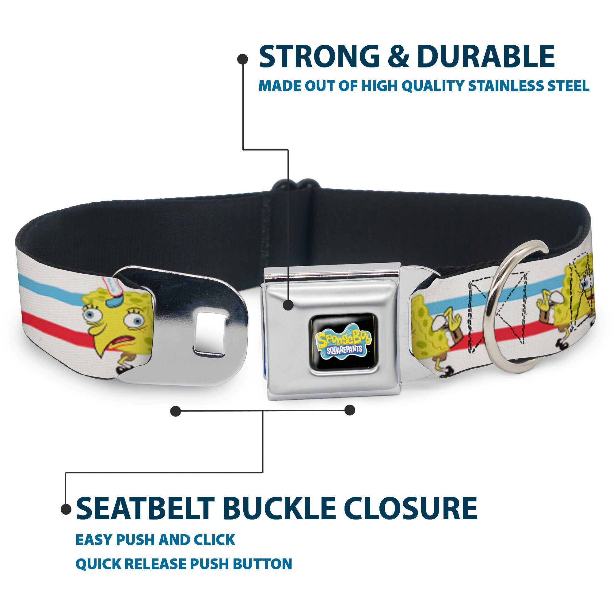 SpongeBob SquarePants Logo2 Full Color Black Seatbelt Buckle Collar - Mocking SpongeBob Pose Stripe White/Blue/Red
