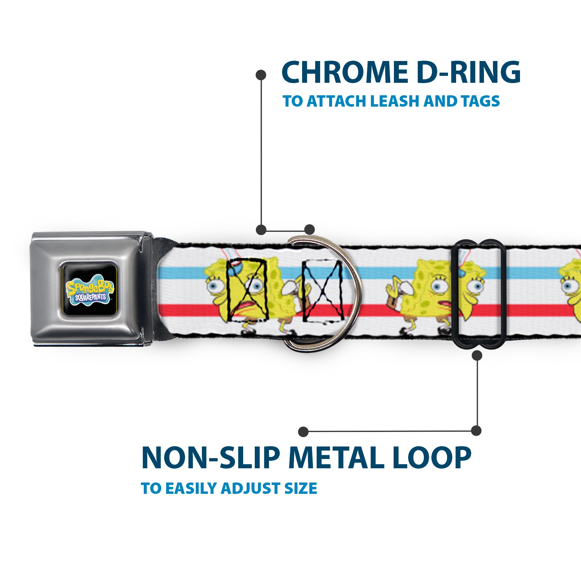 SpongeBob SquarePants Logo2 Full Color Black Seatbelt Buckle Collar - Mocking SpongeBob Pose Stripe White/Blue/Red