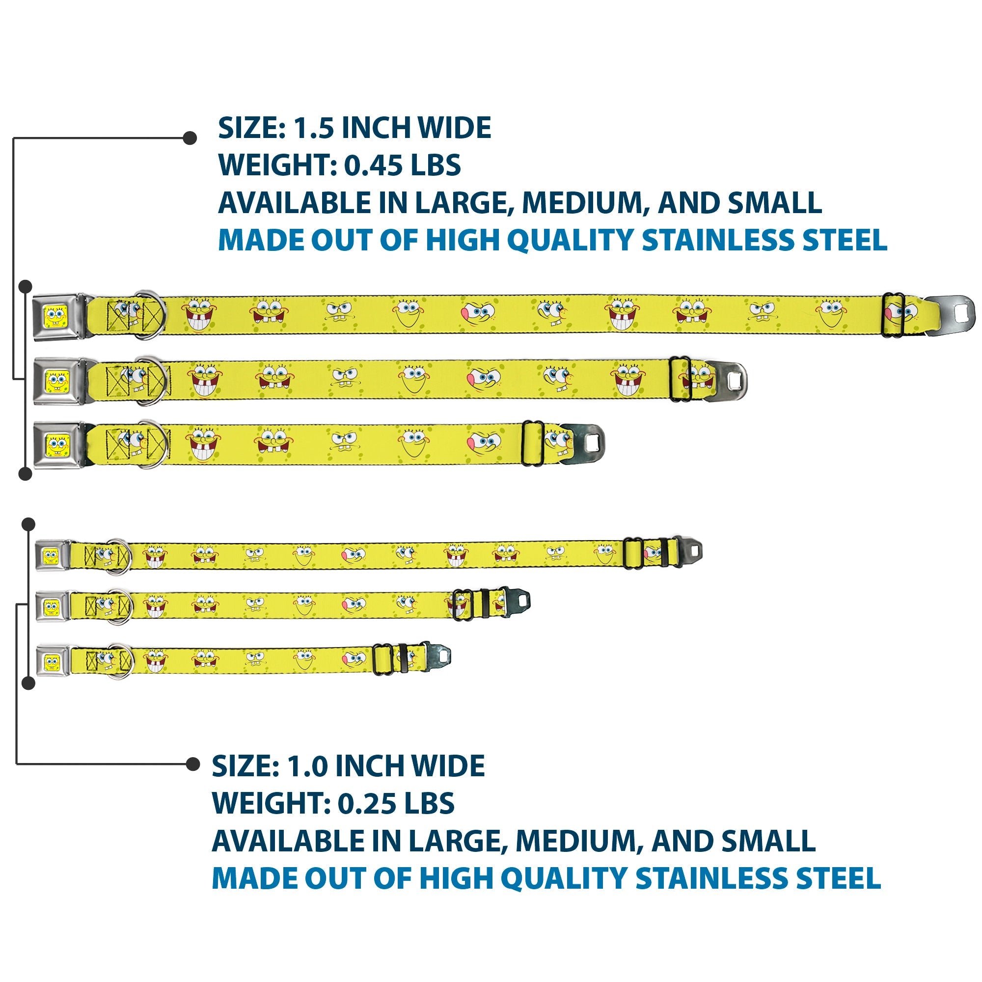 SpongeBob Face CLOSE-UP Full Color Seatbelt Buckle Collar - SpongeBob Expressions Yellow