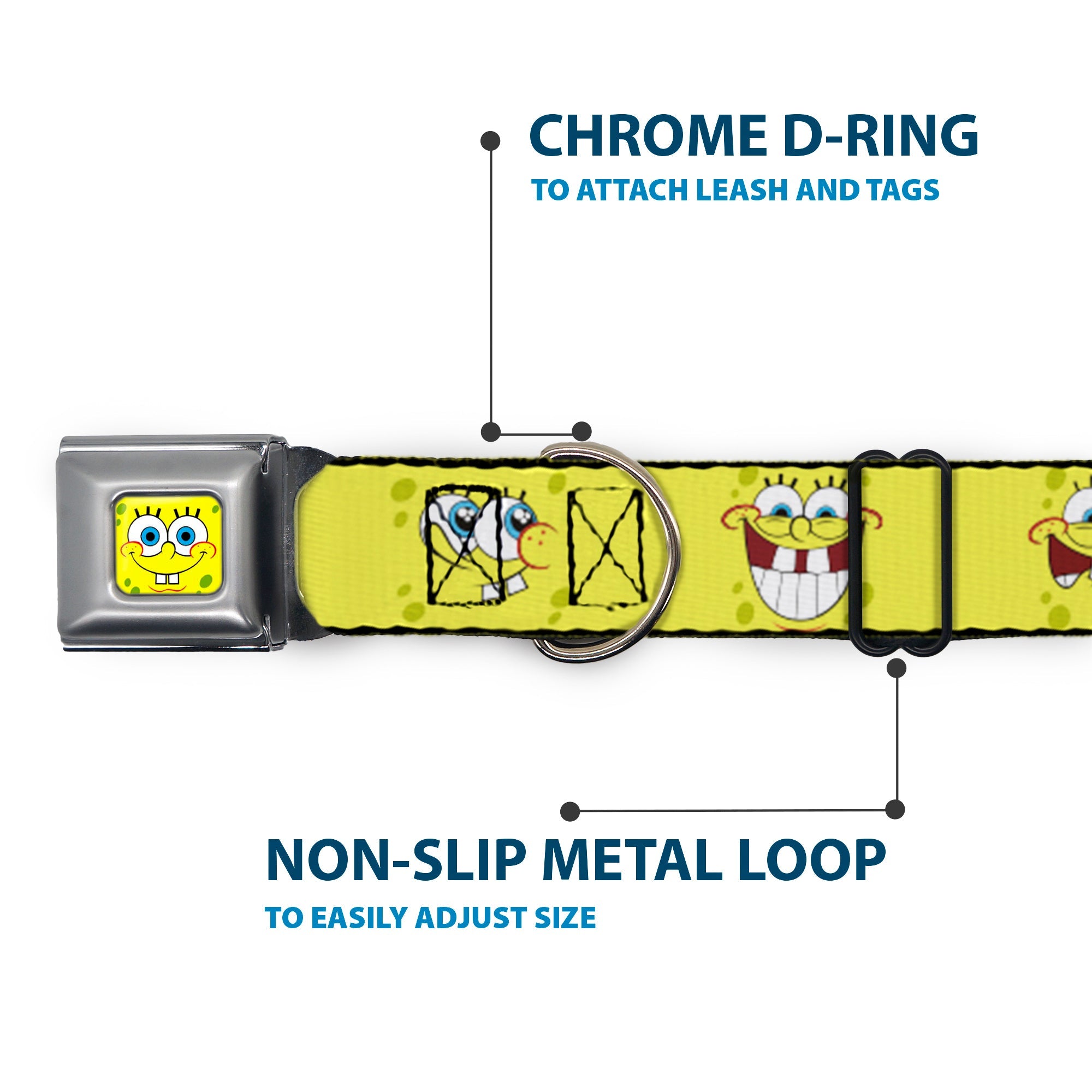 SpongeBob Face CLOSE-UP Full Color Seatbelt Buckle Collar - SpongeBob Expressions Yellow