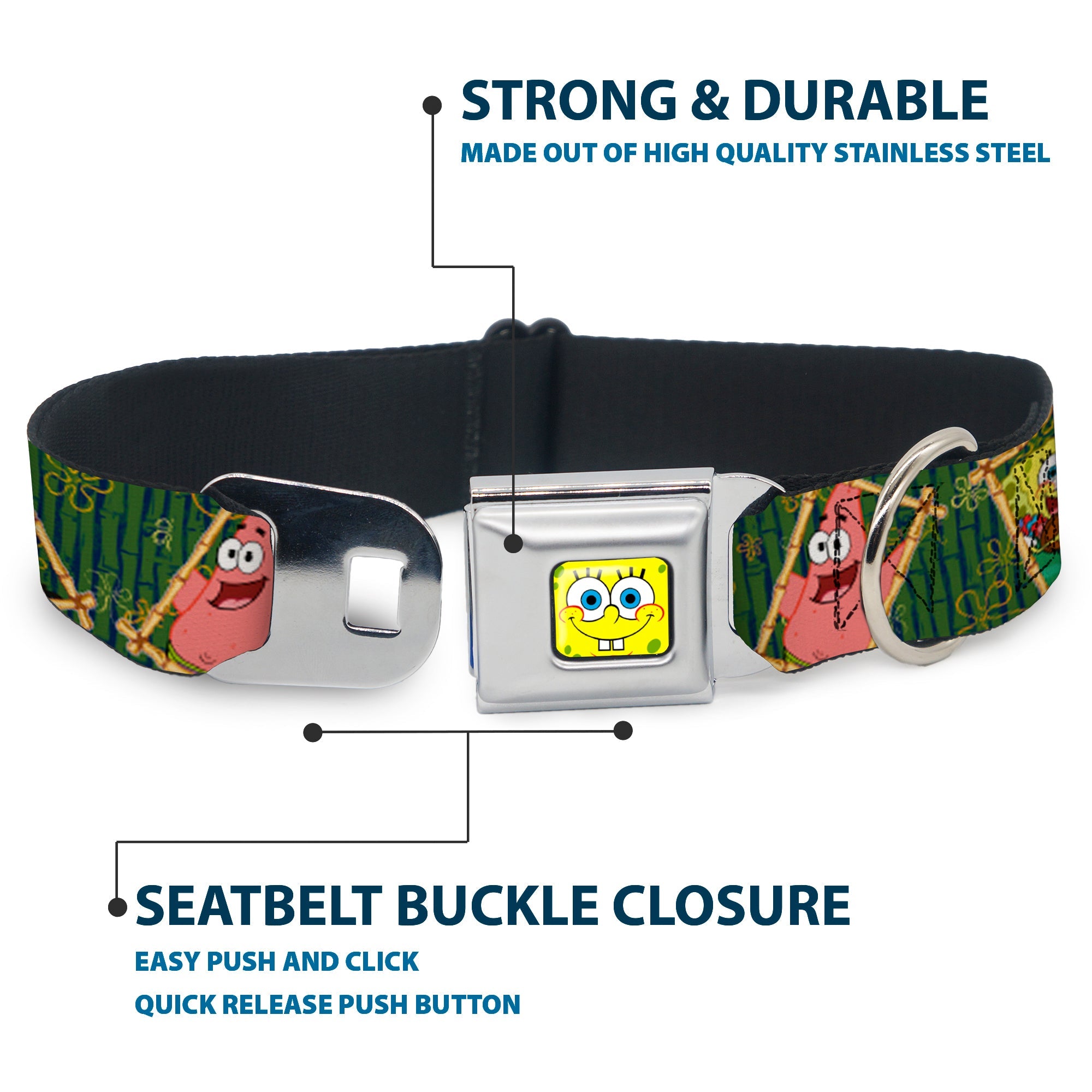Sponge Bob Face CLOSE-UP Full Color Seatbelt Buckle Collar - SpongeBob & Patrick Starfish Bamboo Frames/Logo