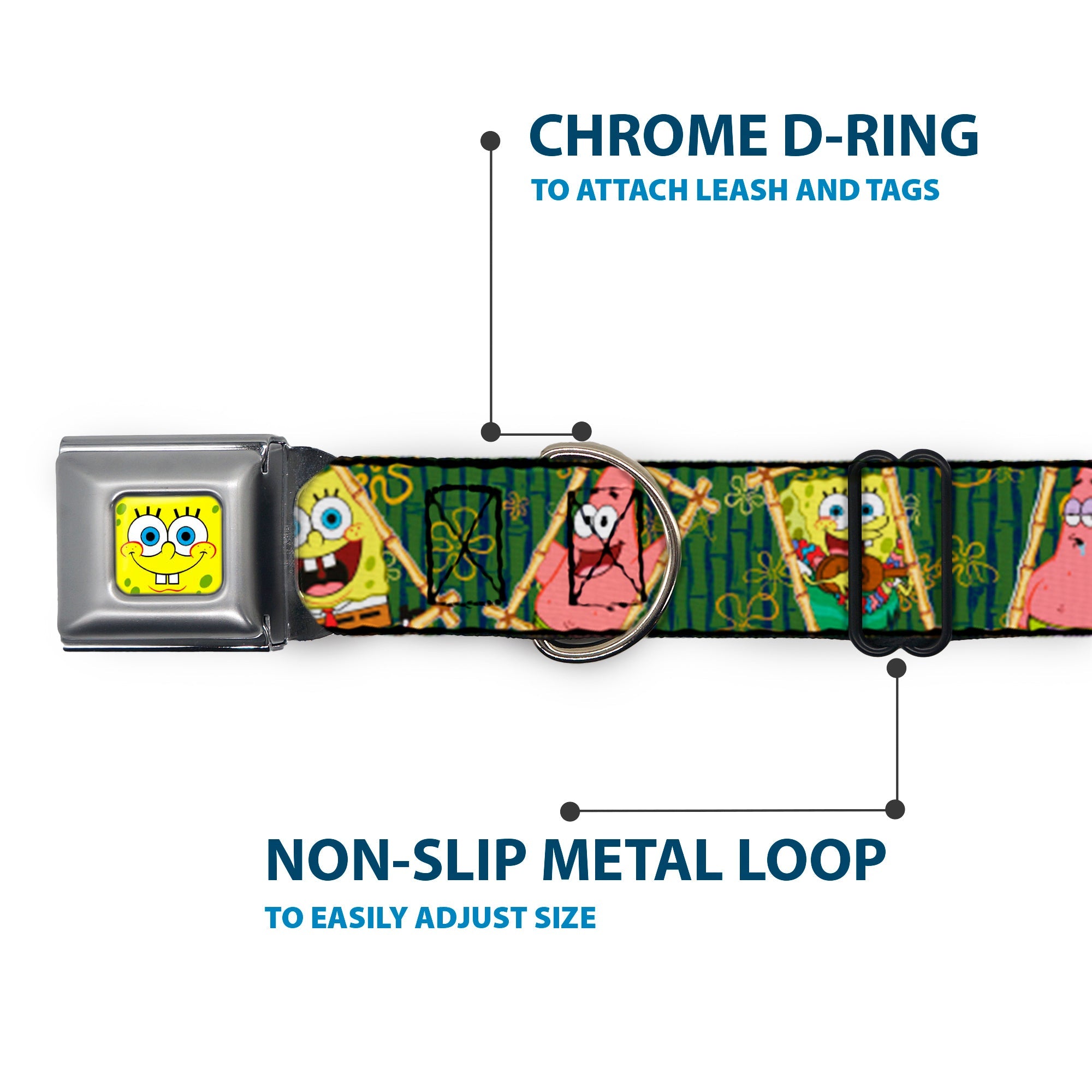 Sponge Bob Face CLOSE-UP Full Color Seatbelt Buckle Collar - SpongeBob & Patrick Starfish Bamboo Frames/Logo