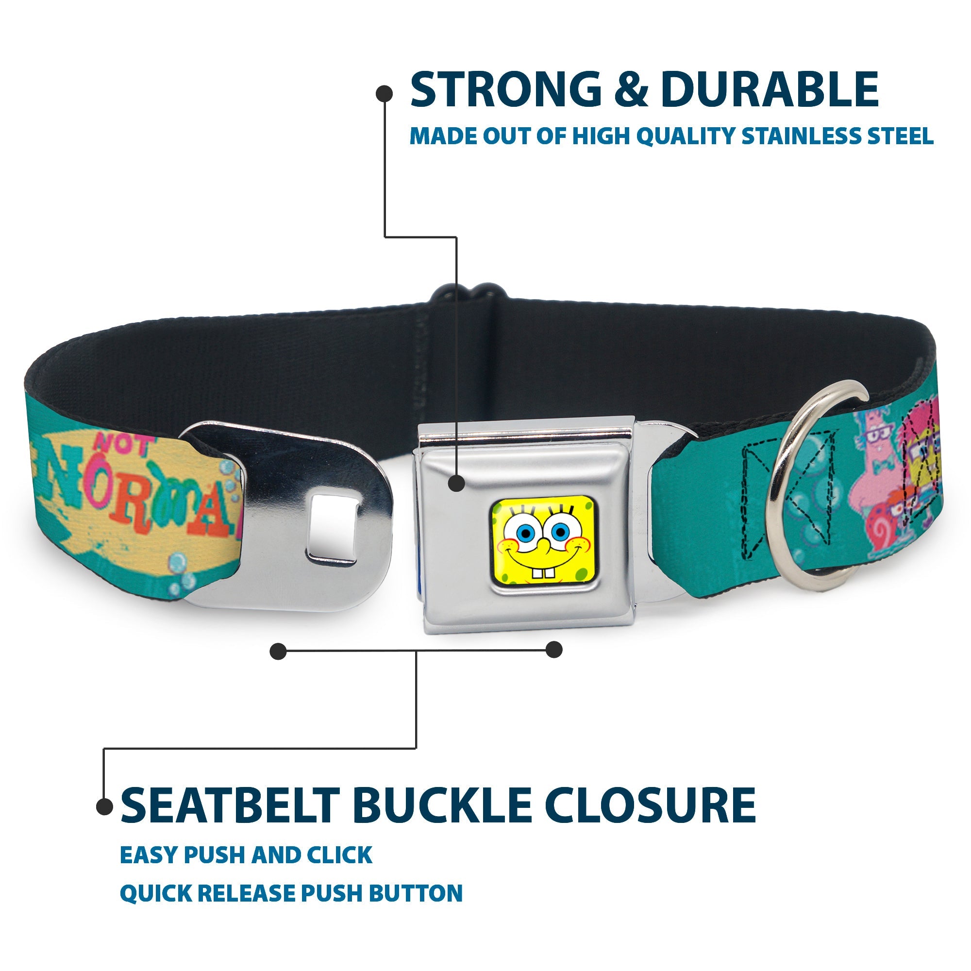 Sponge Bob Face CLOSE-UP Full Color Seatbelt Buckle Collar - Patrick, SpongeBob & Gary NOT NORMAL Aqua