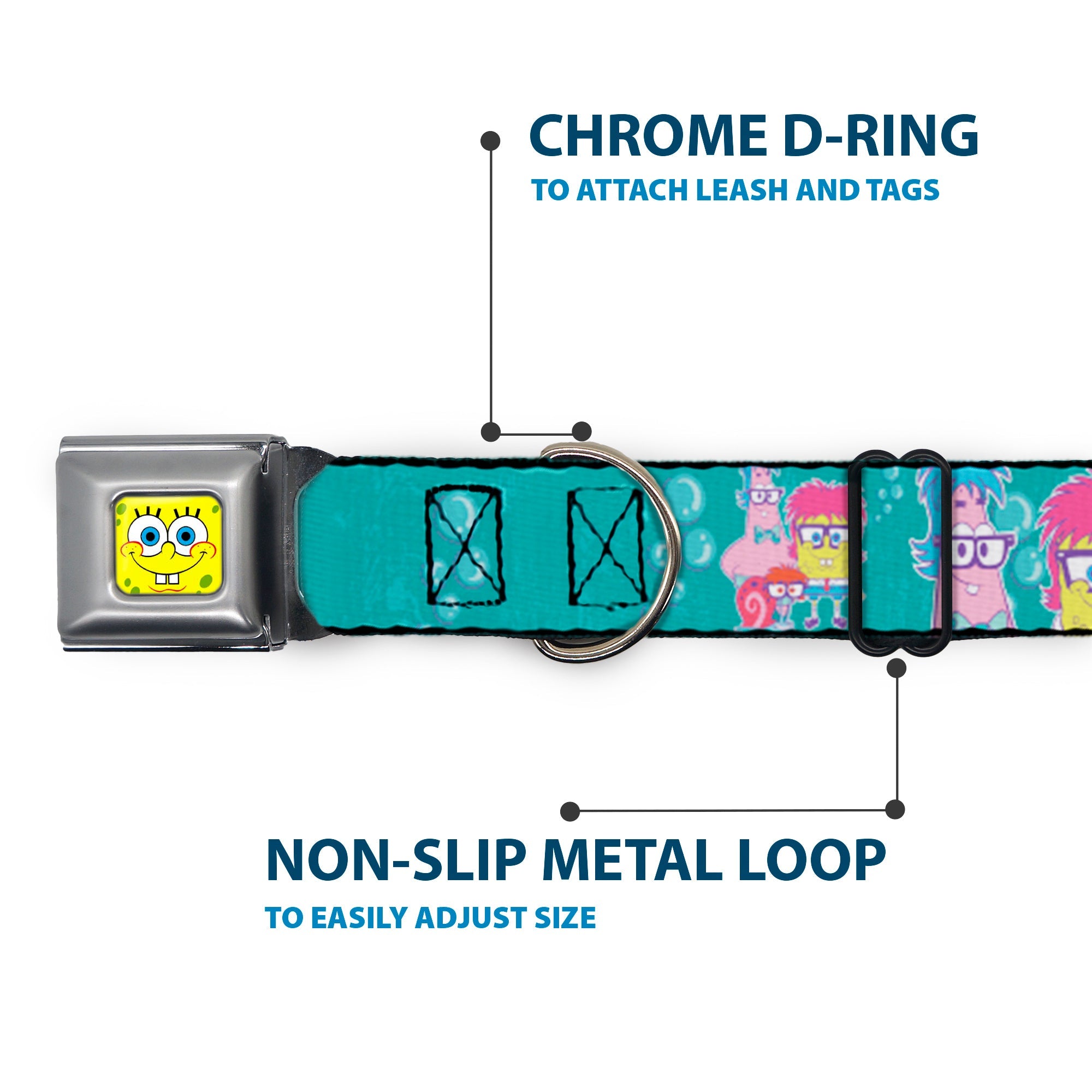 Sponge Bob Face CLOSE-UP Full Color Seatbelt Buckle Collar - Patrick, SpongeBob & Gary NOT NORMAL Aqua