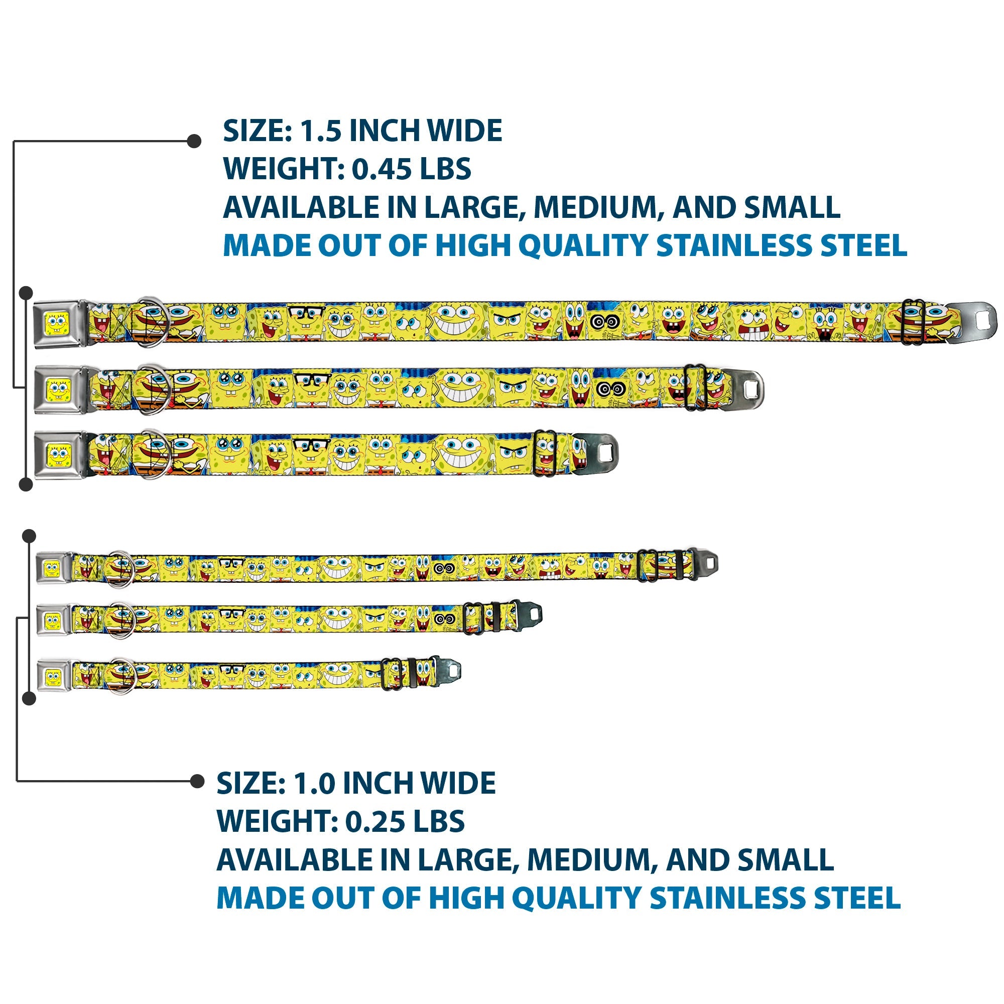 Sponge Bob Face CLOSE-UP Full Color Seatbelt Buckle Collar - SpongeBob Expressions Stripe Blue